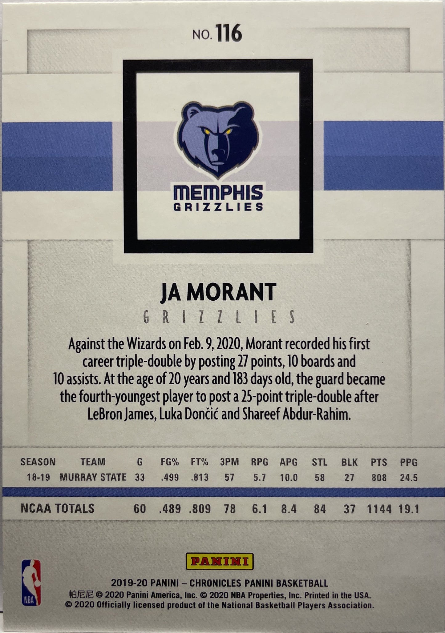 Ja Morant Rookie Panini Chronicles NBA 2019/20