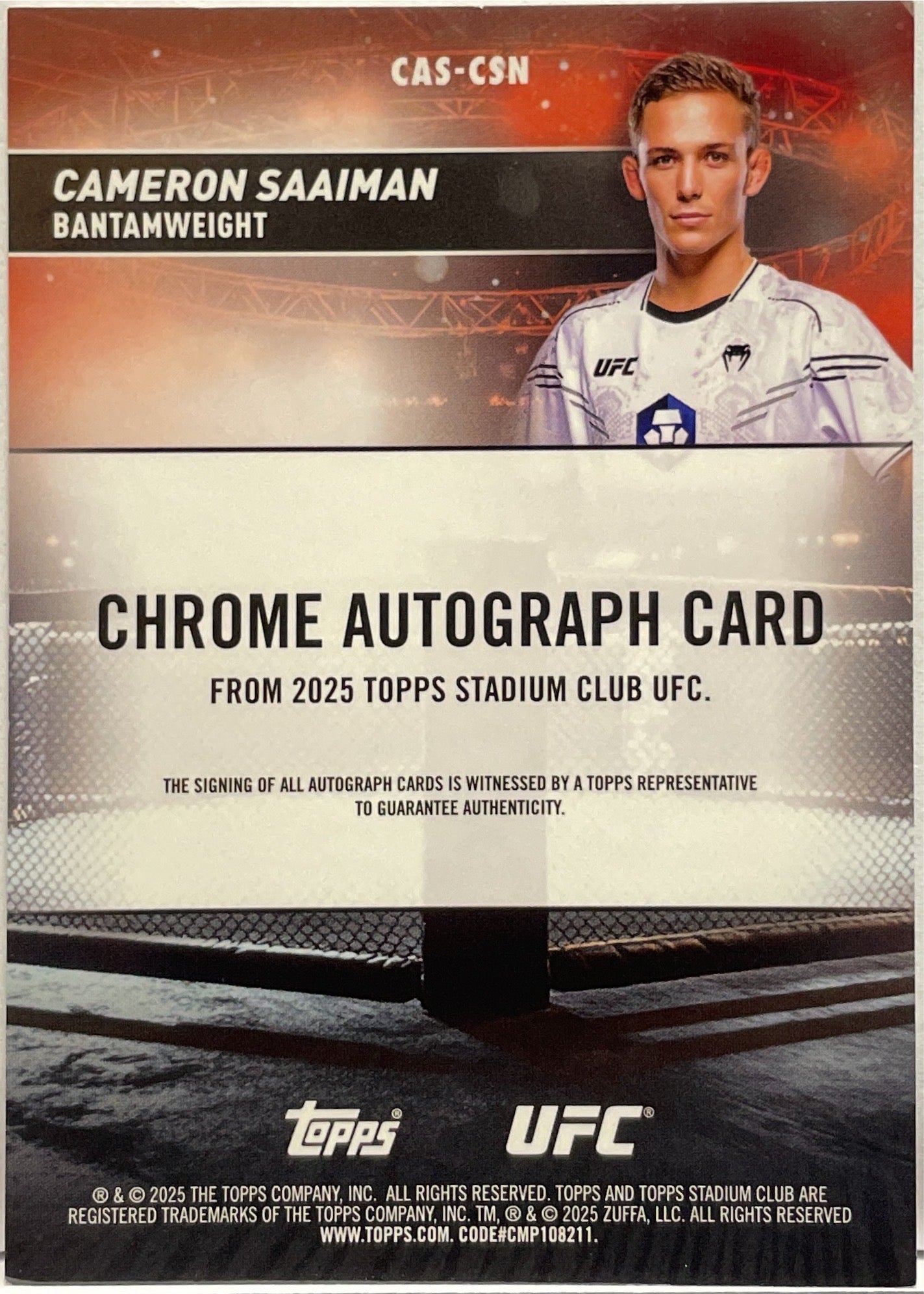 Cameron Saaiman 50/50 Autograph On Card Chrome Red Topps Stadium UFC 2025