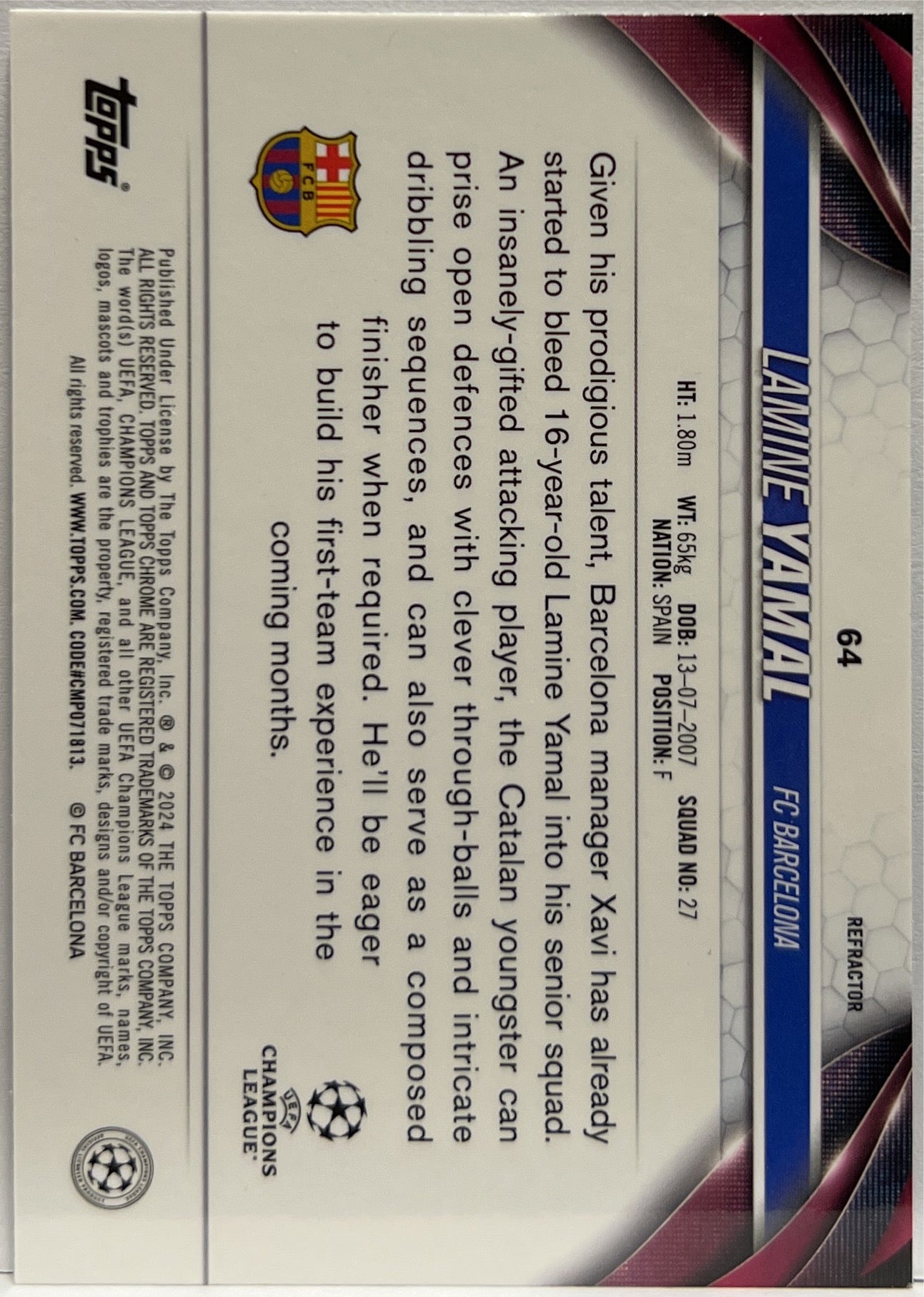 Lamine Yamal Rookie Refractor Topps Chrome UCC 2023/24