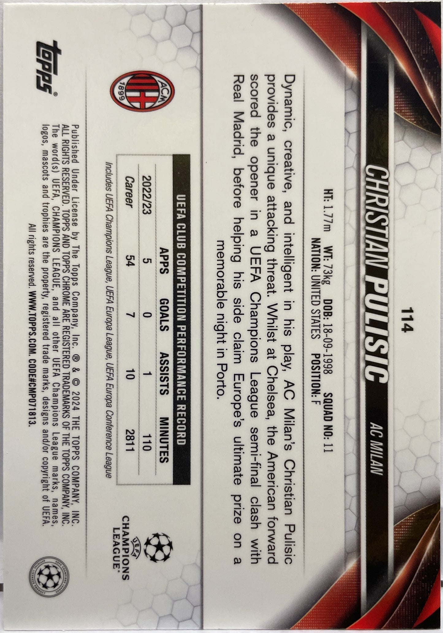 Christian Pulisic 26/299 Purple Topps Chrome UCC 2023/24