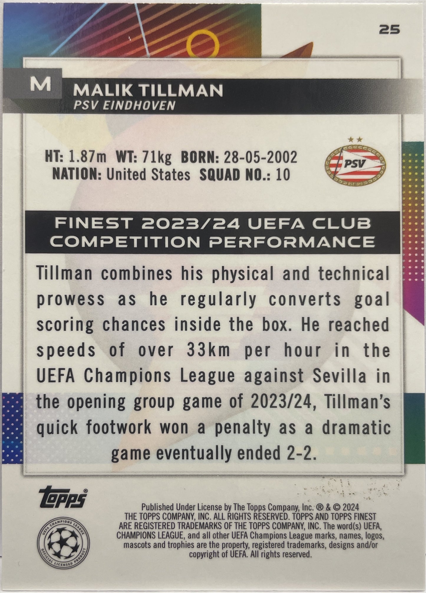 Malik Tillman 191/275 Sky Blue Topps Finest UCC 2023/24