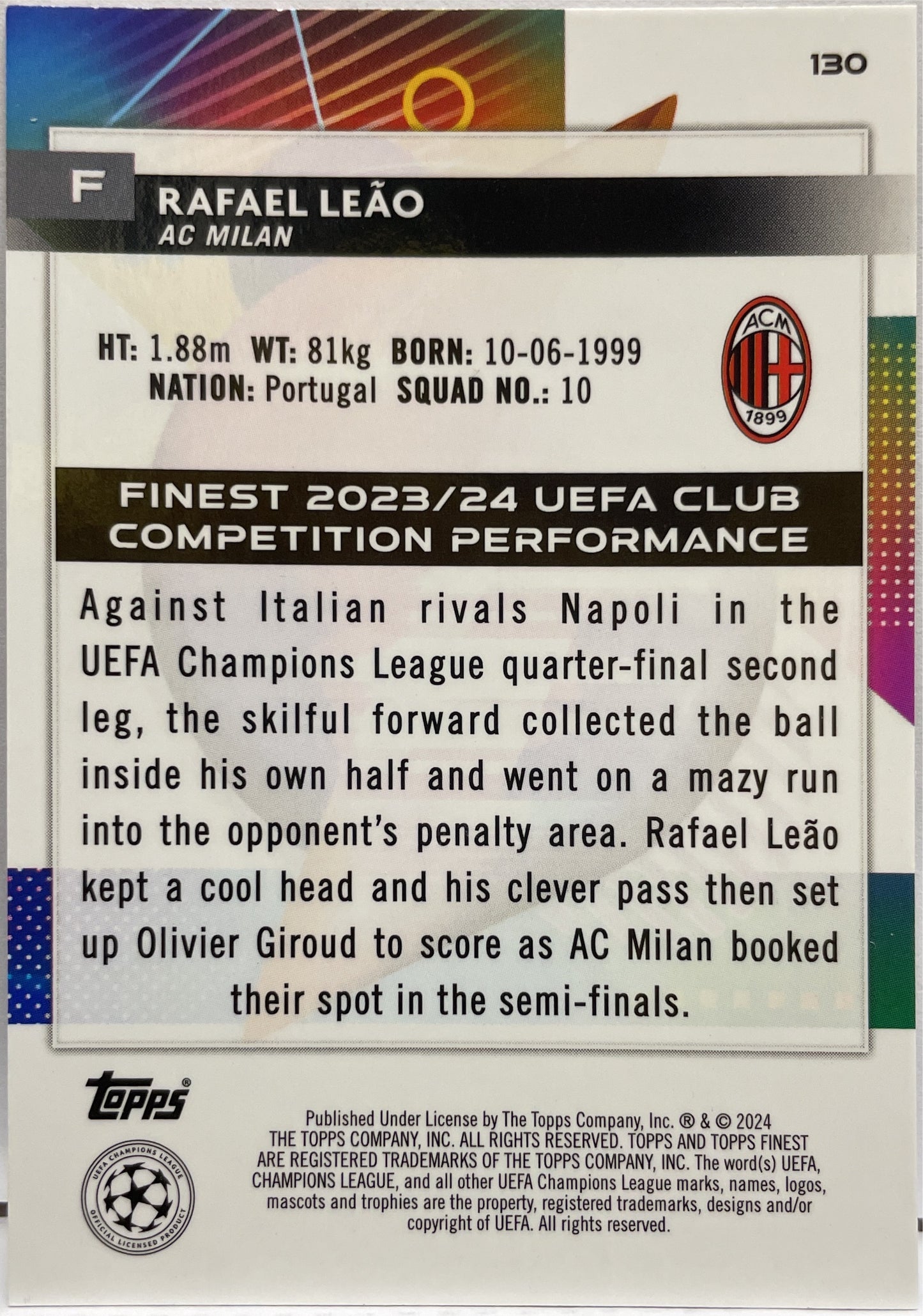 Rafael Leao 152/199 Purple Shimmer Topps Finest UCC 2023/24