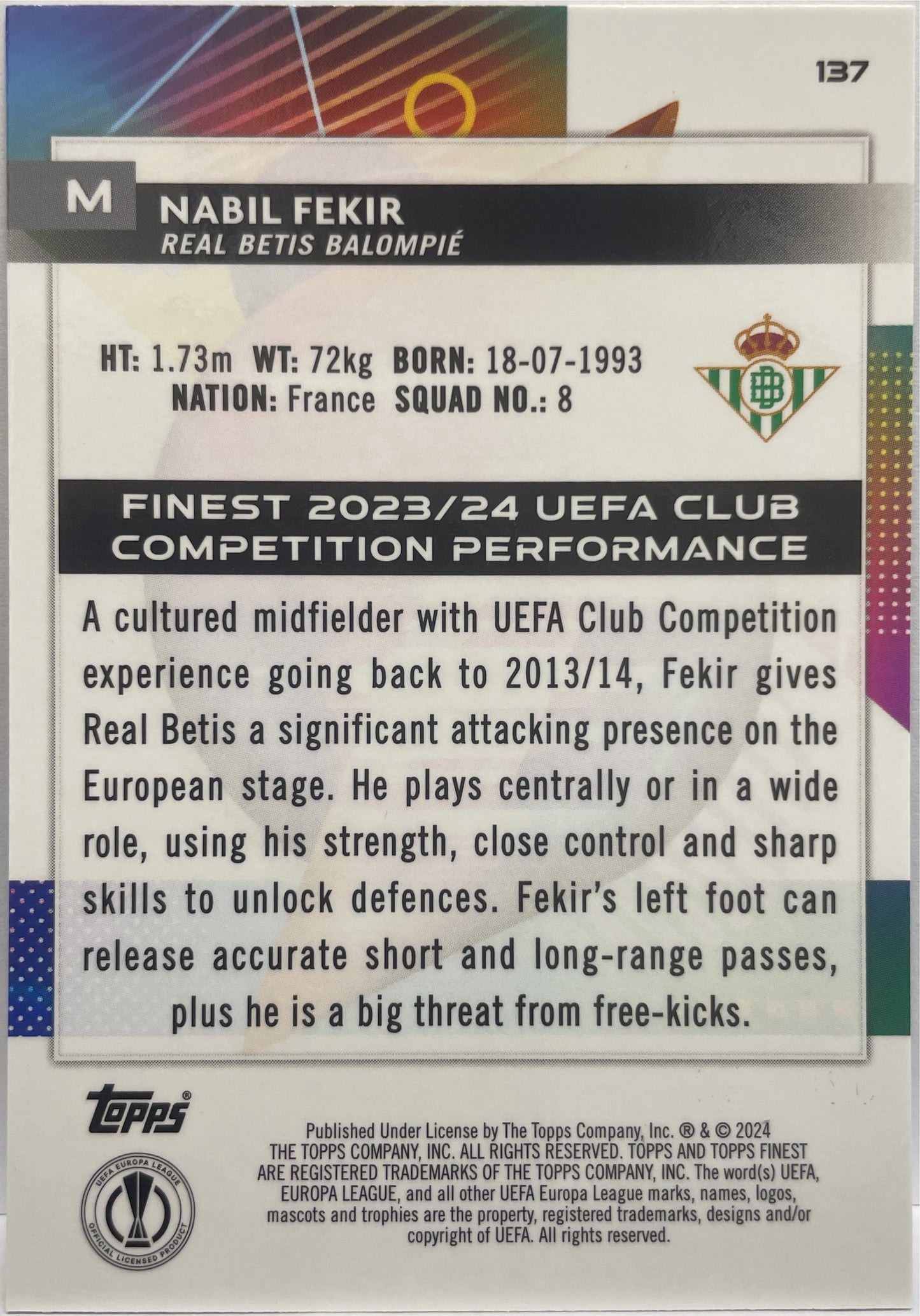 Nabil Fekir 27/150 Blue Topps Finest UCC 2023/24