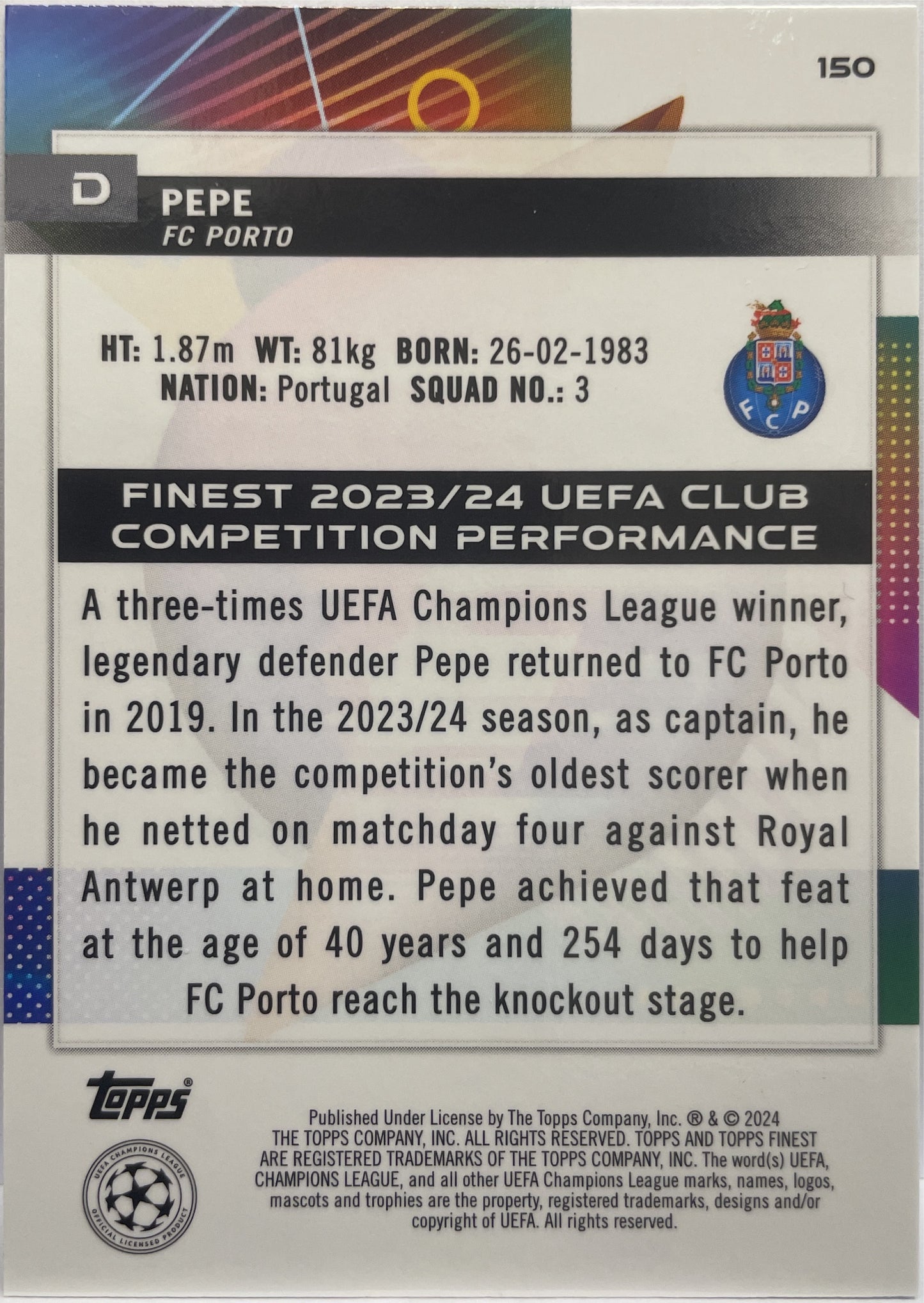 Pepe 137/150 Blue Topps Finest UCC 2023/24