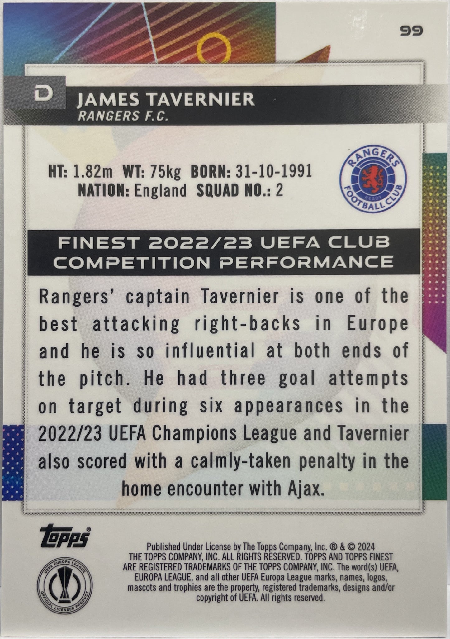 James Tavernier 20/99 Green Topps Finest UCC 2023/24