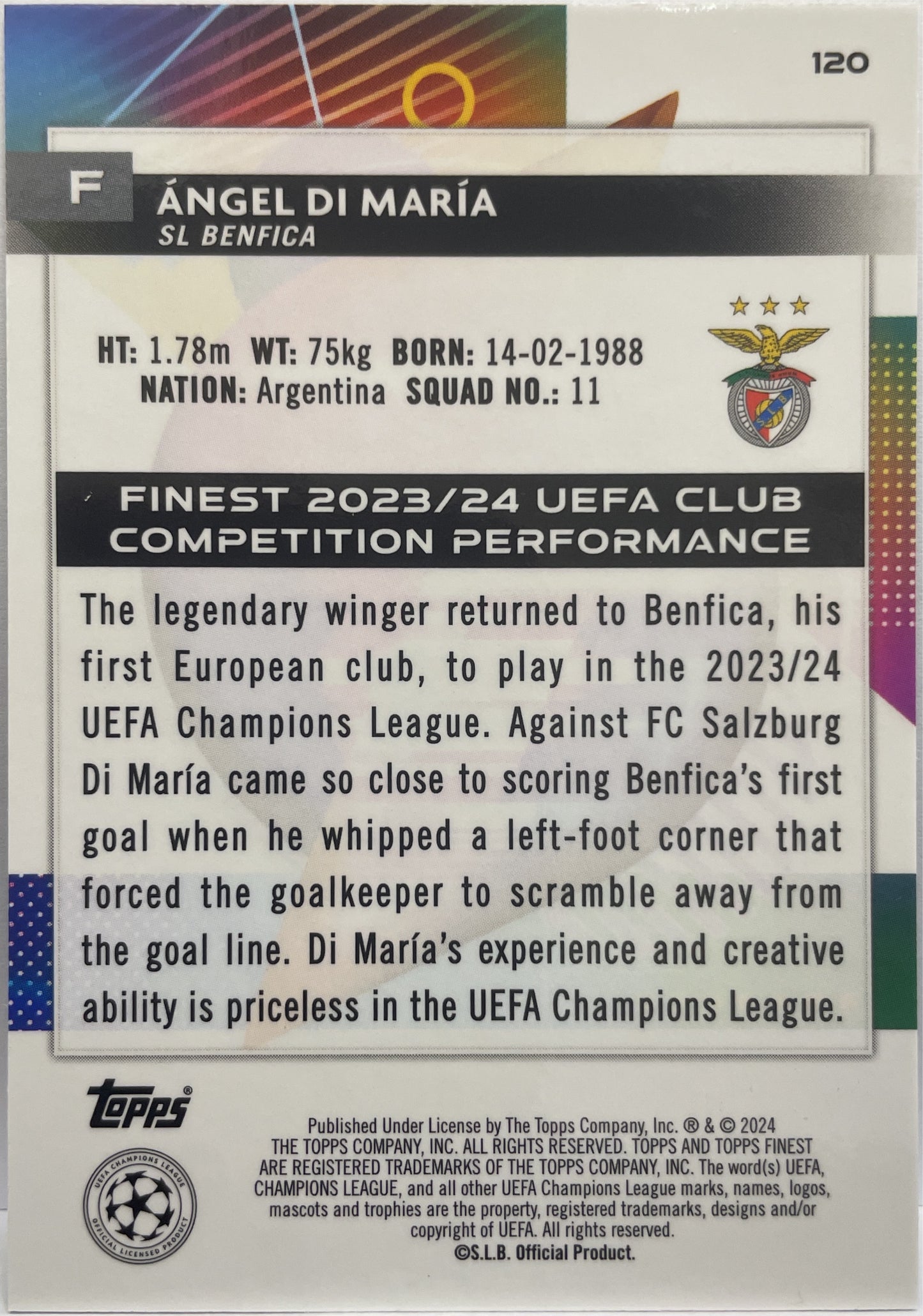 Angel Di Maria 158/250 Blue Aqua Vaporwave Topps Finest UCC 2023/24