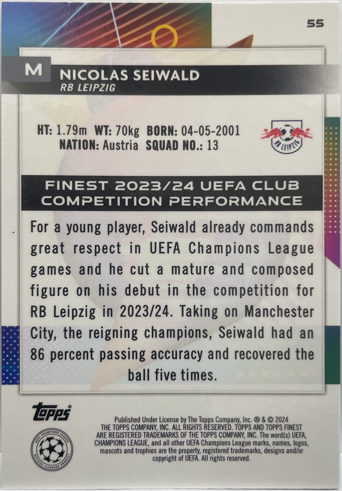 Nicolas Seiwald 84/99 Green Topps Finest UCC 2023/24