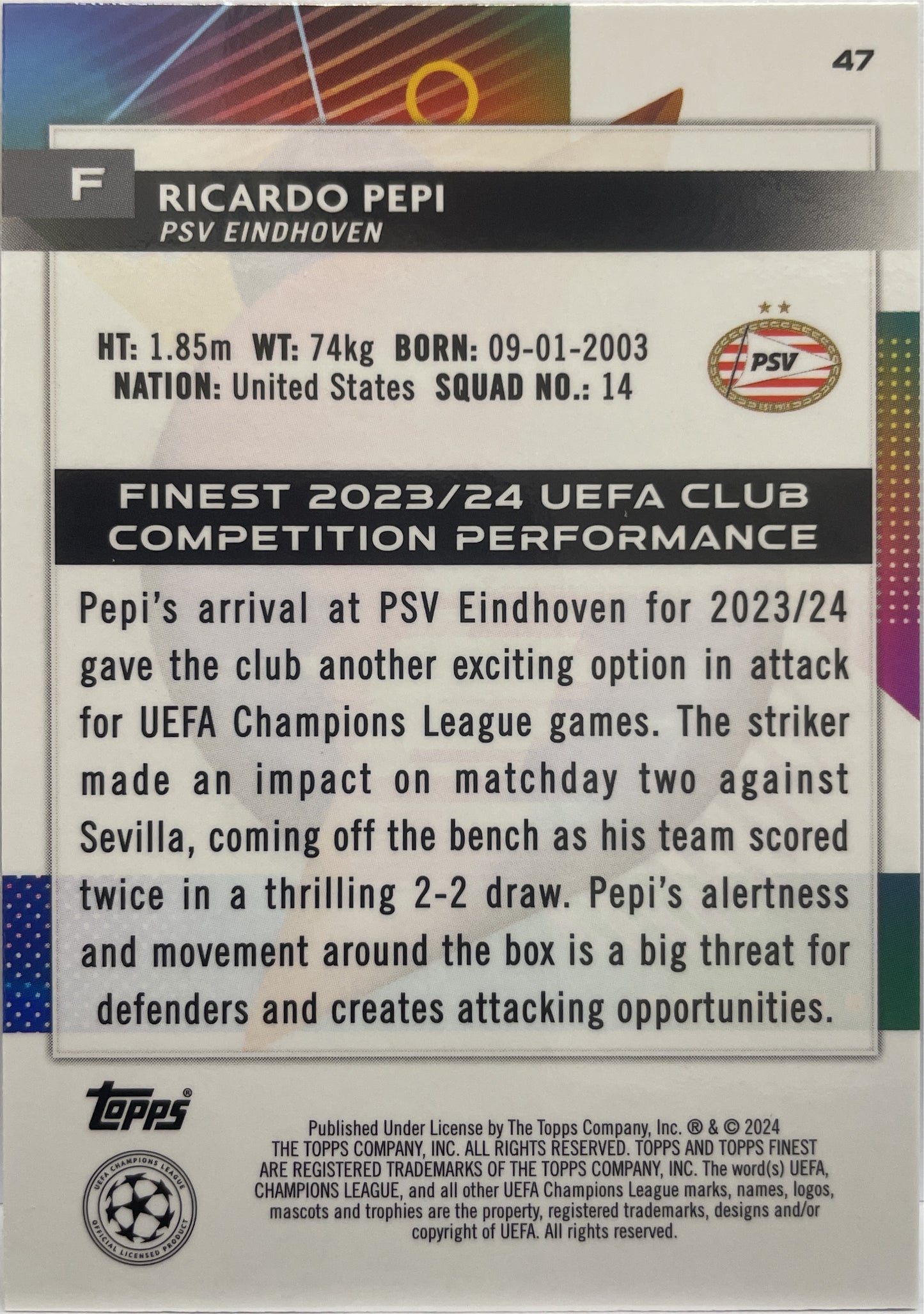 Ricardo Pepi 49/250 Blue Aqua Vaporwave Topps Finest UCC 2023/24