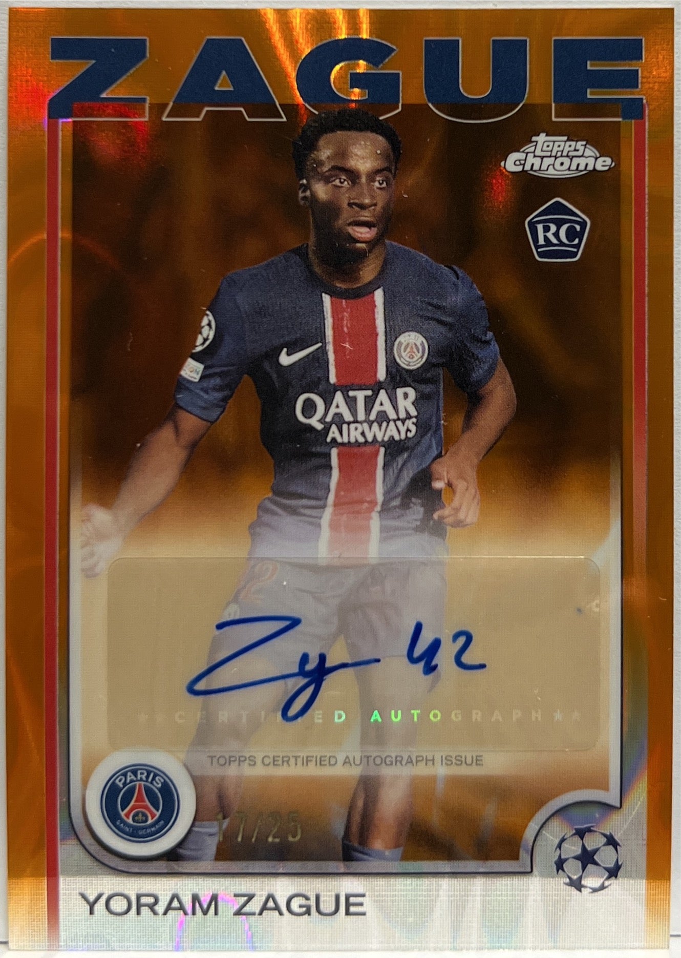 Yoram Zague 17/25 Rookie Autograph Orange Lava Topps Chrome UCC 2024/25