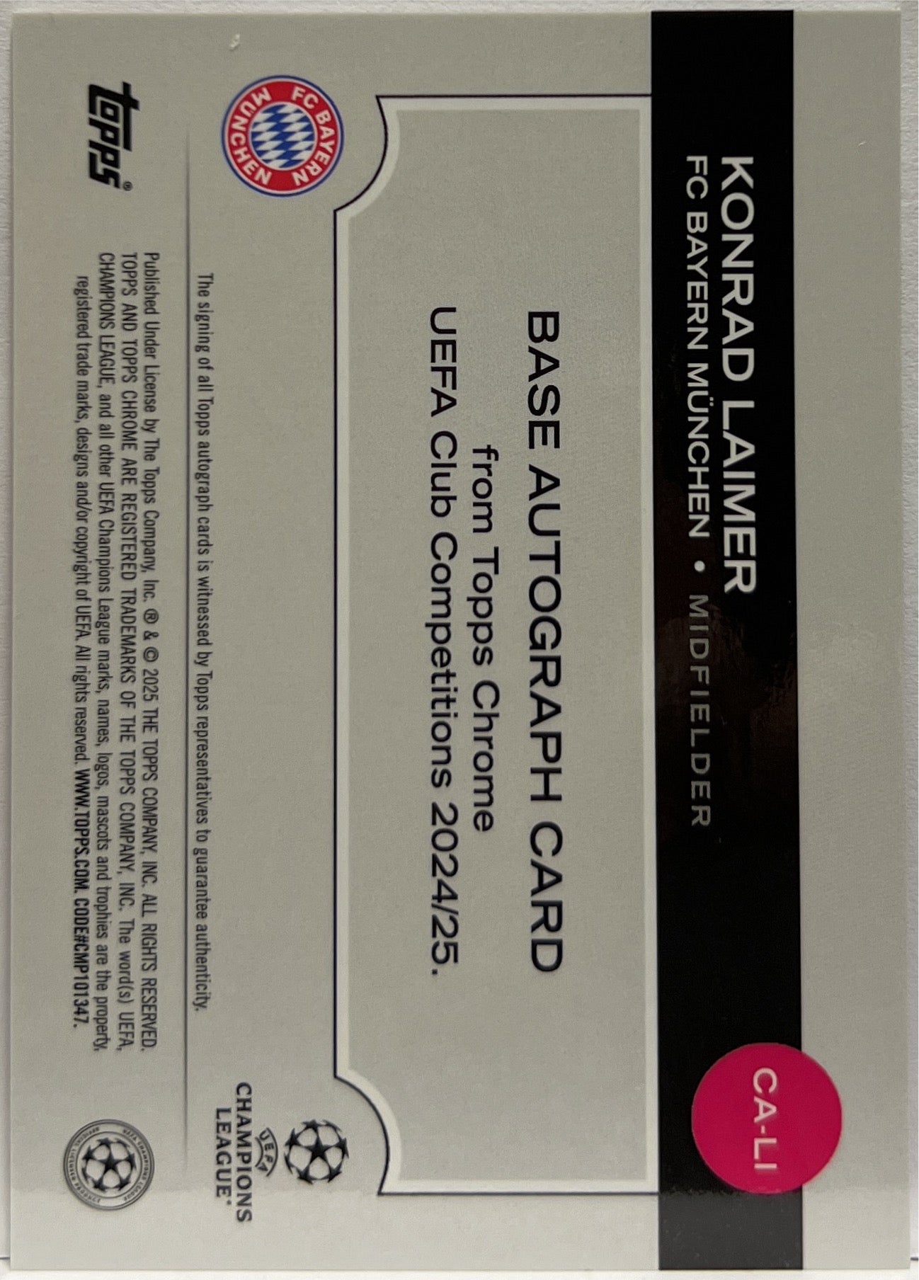 Konrad Laimer 75/250 Autograph Pink Topps Chrome UCC 2024/25