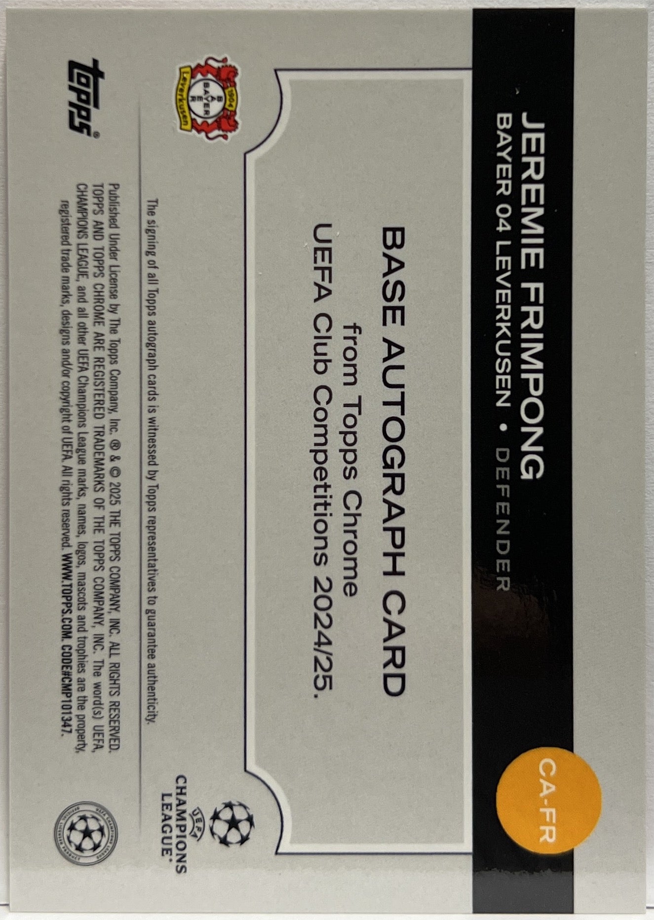 Jeremie Frimpong 7/25 Autograph Orange Lava Topps Chrome UCC 2024/25