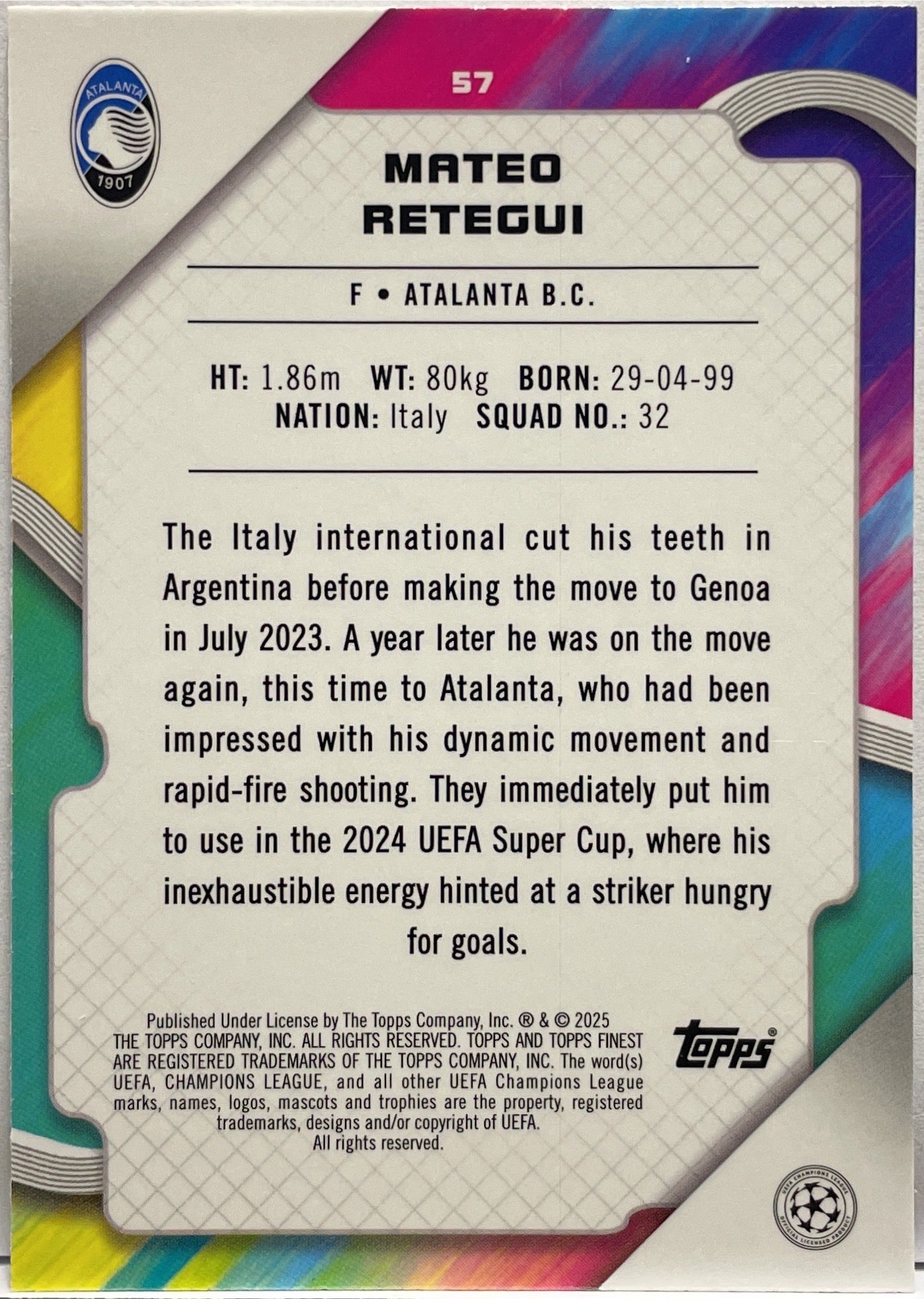 Mateo Retegui 229/275 Sky Blue Topps Finest UCC 2024/25
