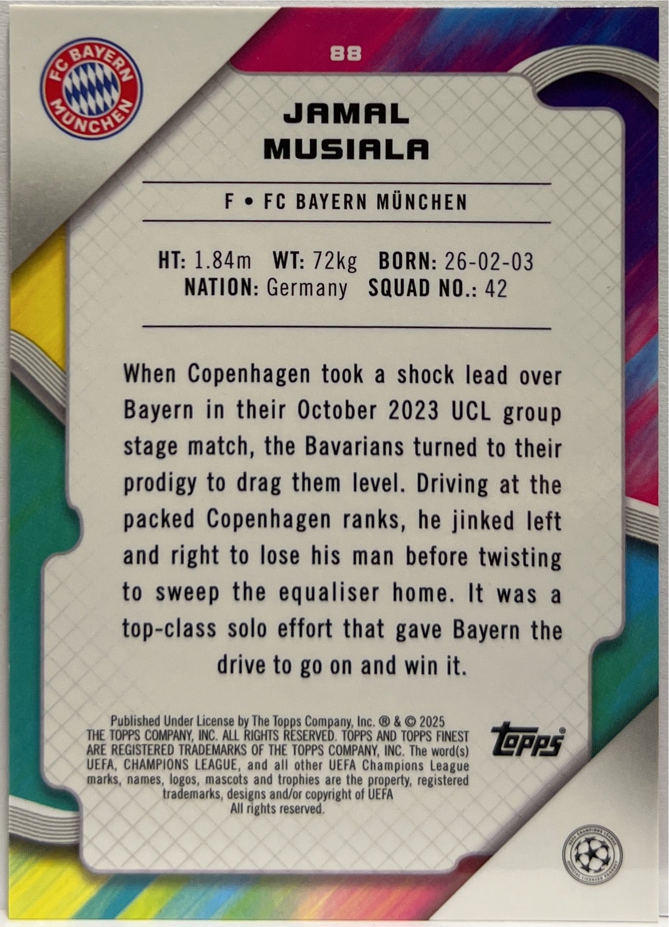 Jamal Musiala 50/125 Pink Prism Topps Finest UCC 2024/25