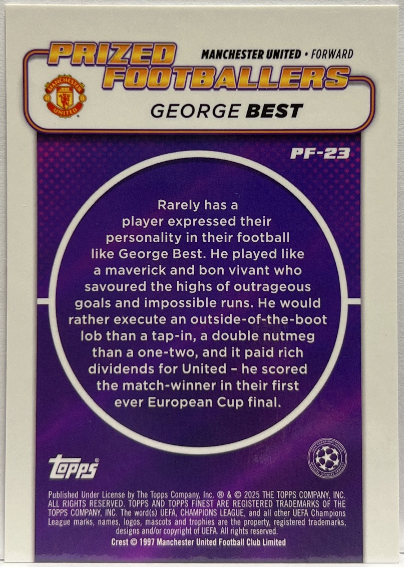 George Best 29/75 Prized Footballers Rose Gold Topps Finest UCC 2024/25
