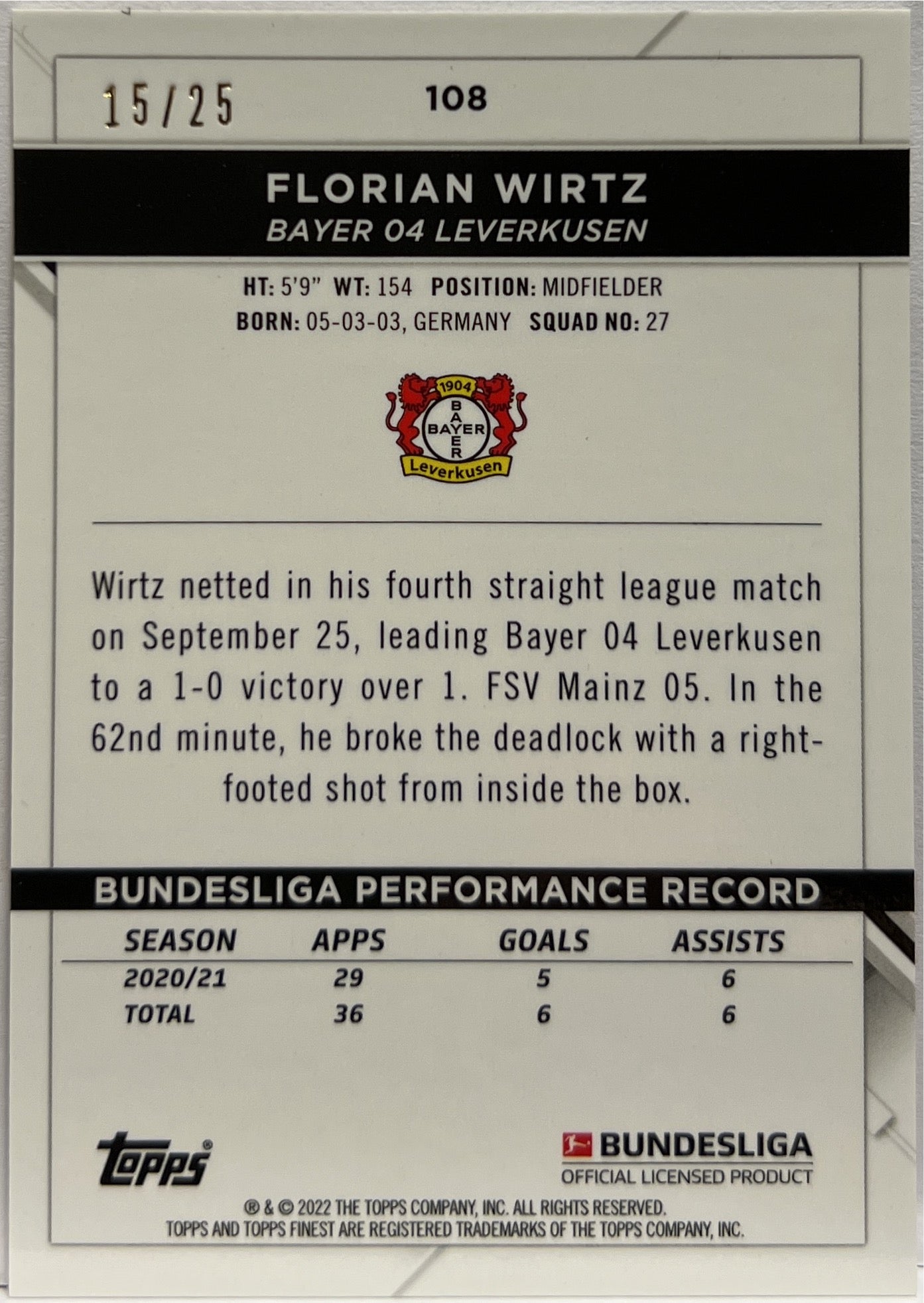 Florian Wirtz 15/25 Orange Topps Finest Bundesliga 2021/22