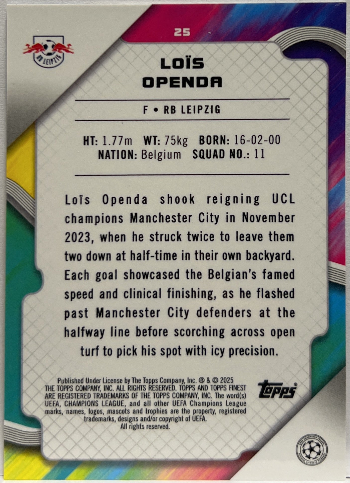 Lois Openda 9/25 Orange Topps Finest UCC 2024/25