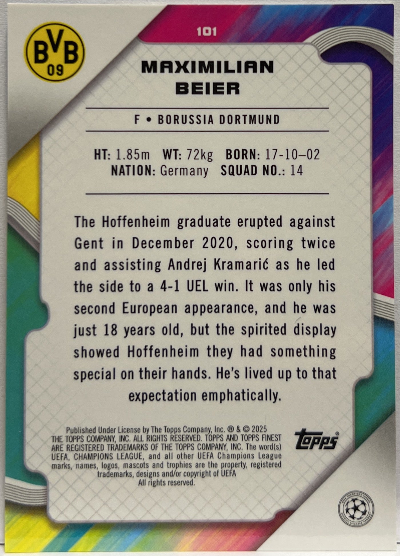 Maximilian Beier 17/50 Rose Gold Mini Diamond Topps Finest UCC 2024/25