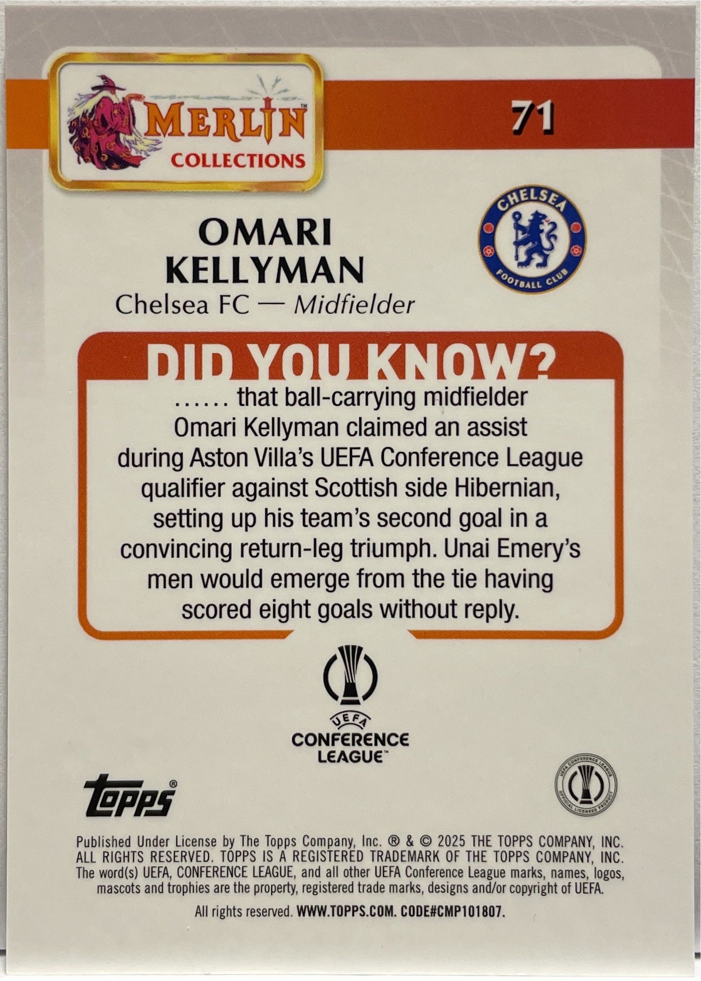 Omari Kellyman 6/10 Rookie Black Cracked Ice Topps Merlin UCC 2024/25