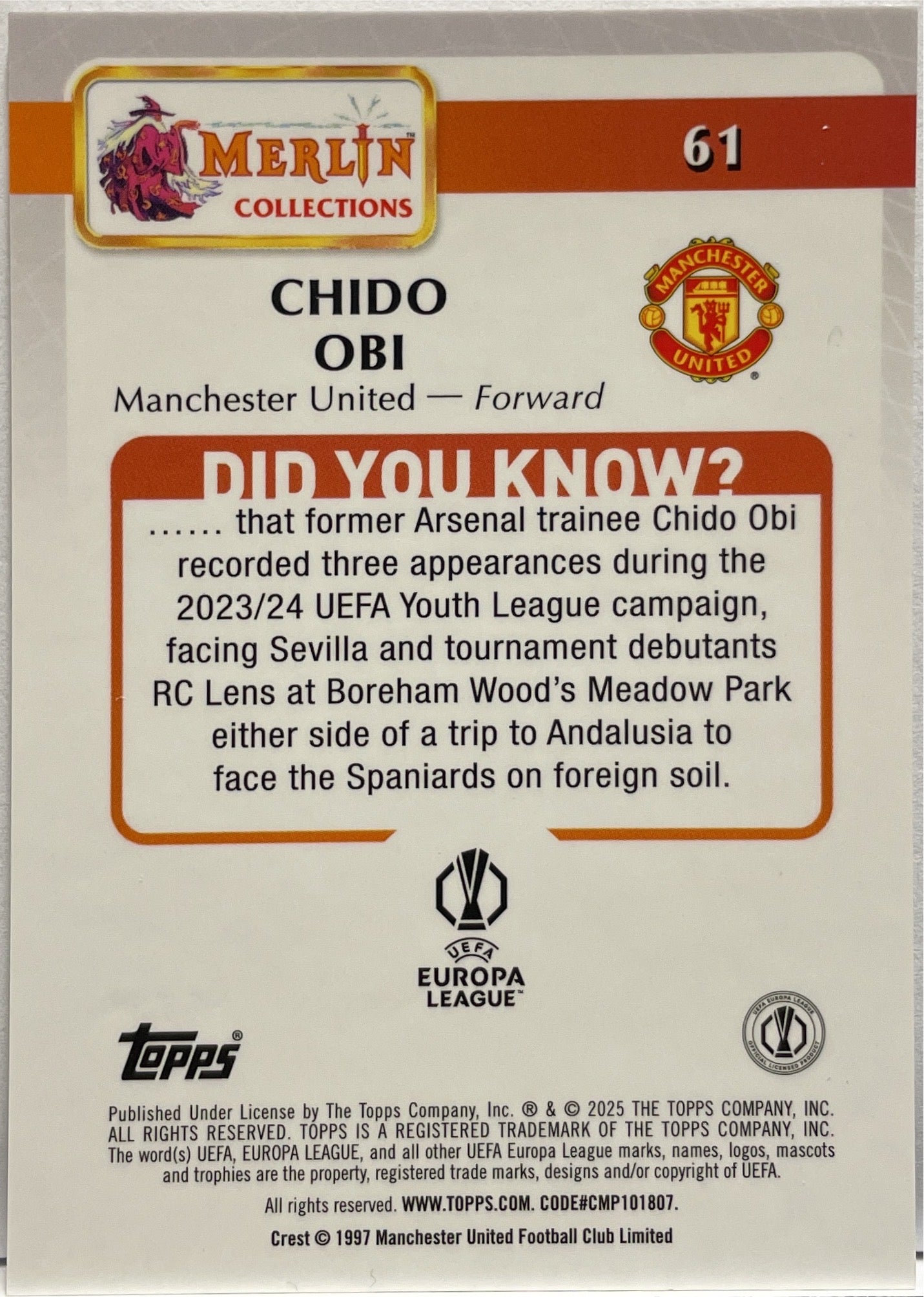 Chido Obi 15/35 Rookie Black and White Vintage Topps Merlin UCC 2024/25