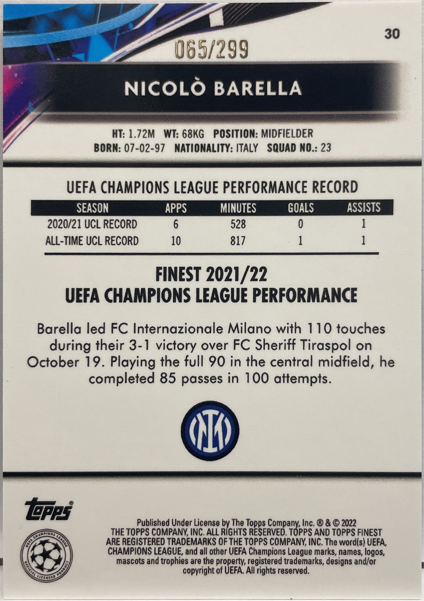 Nicolo Barella 65/299 Purple Topps Finest UCL  2021/22