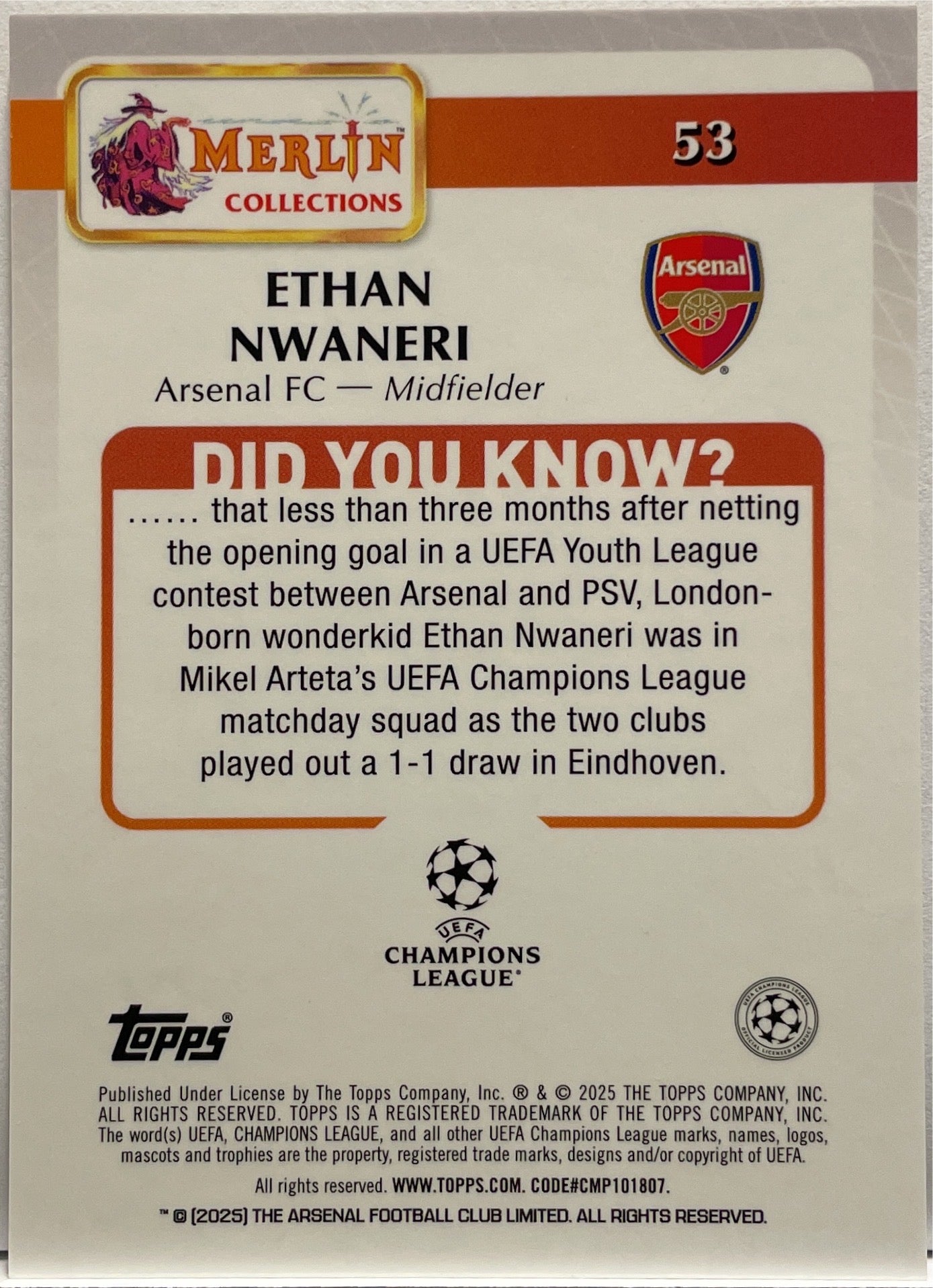 Ethan Nwaneri 11/50 Rookie Gold Mojo Topps Merlin UCC 2024/25
