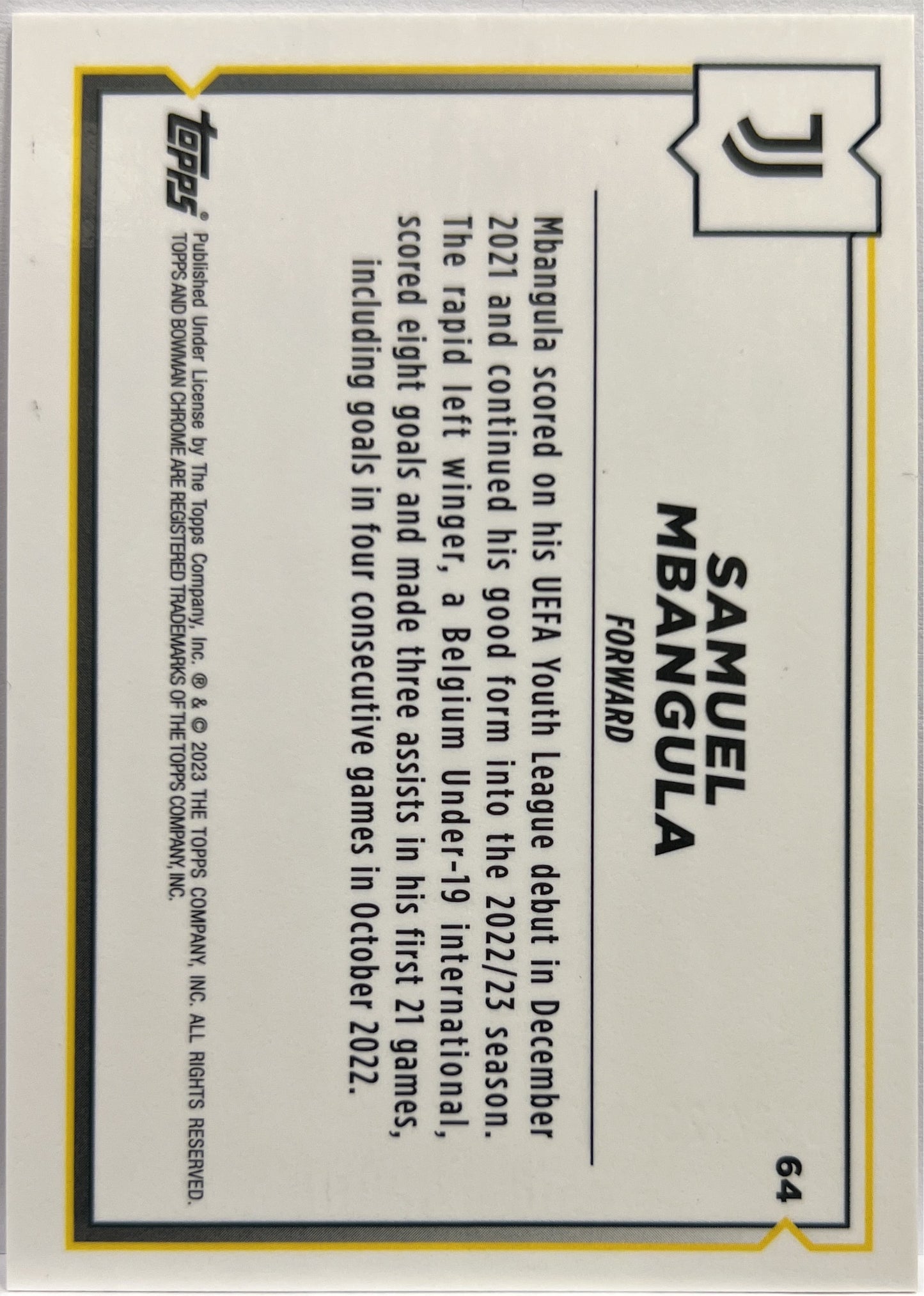 Samuel Mbangula 52/125 1ST Bowman Pink Topps Chrome Juventus 2022/23