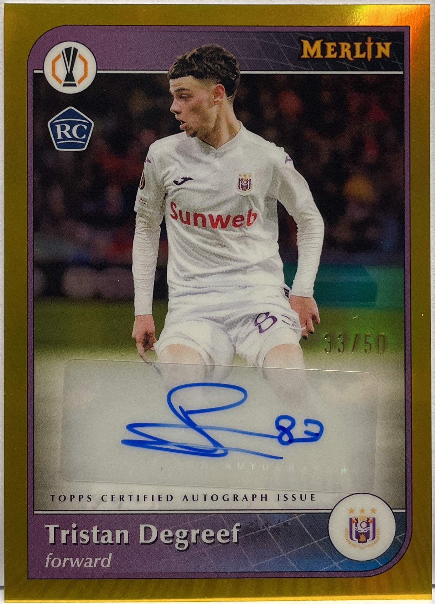 Tristan Degreef 33/50 Rookie Autograph Gold Topps Merlin UCC 2024/25