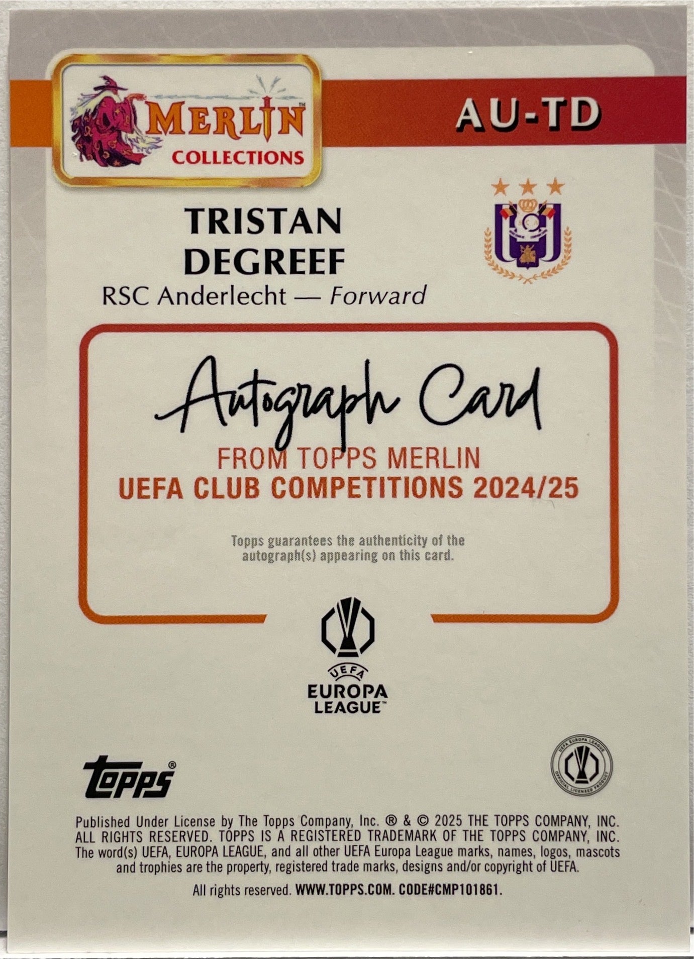 Tristan Degreef 33/50 Rookie Autograph Gold Topps Merlin UCC 2024/25