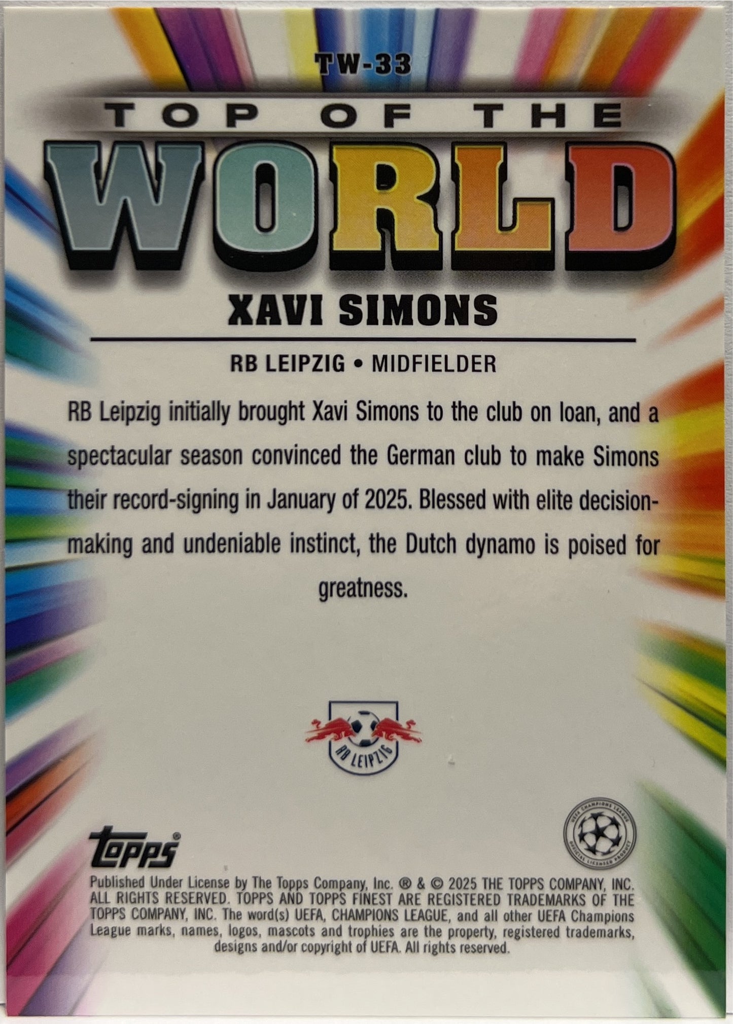 Xavi Simons 50/299 Top of The World Purple Topps Finest UCC 2024/25