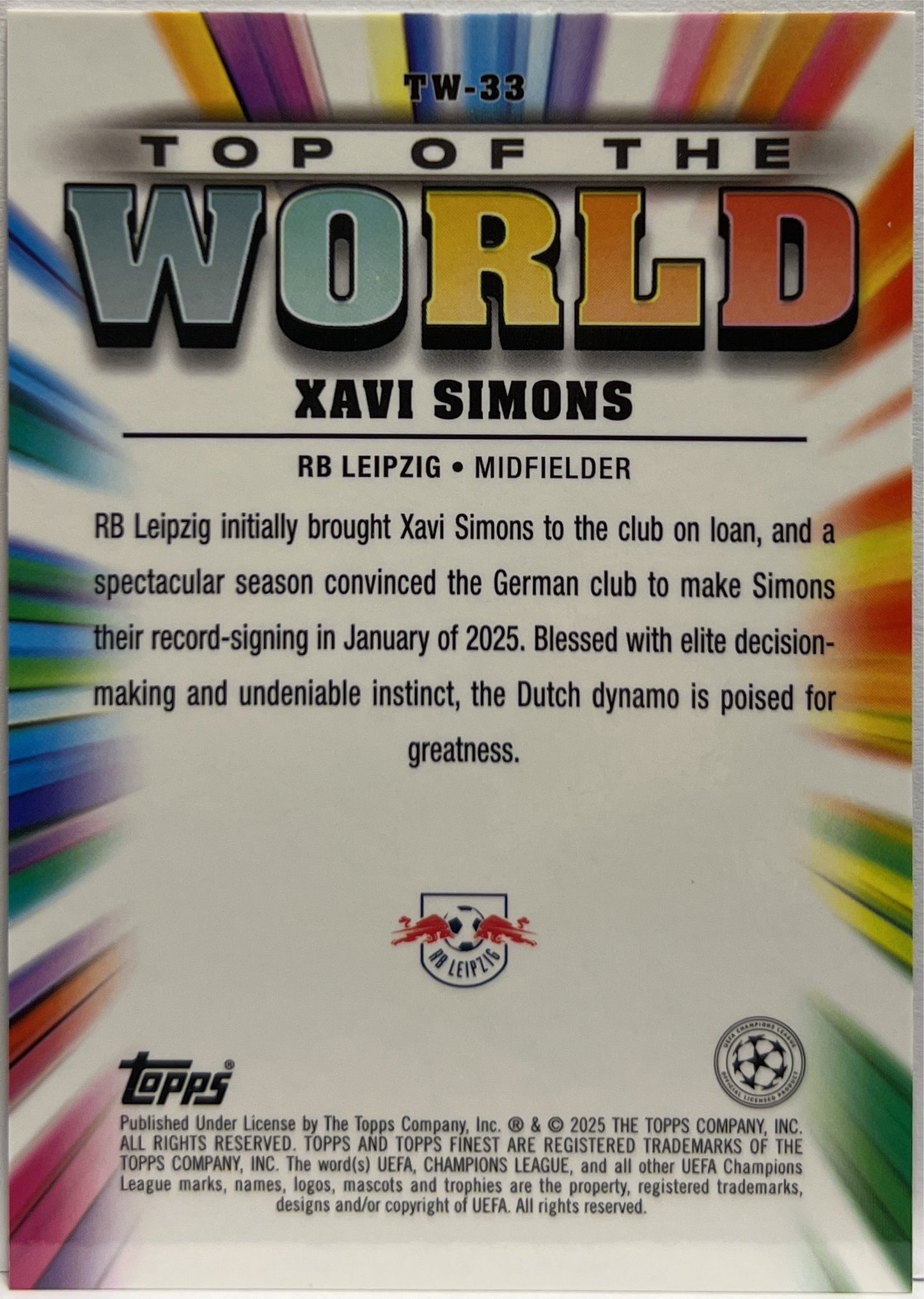 Xavi Simons 265/299 Top of The World Purple Topps Finest UCC 2024/25