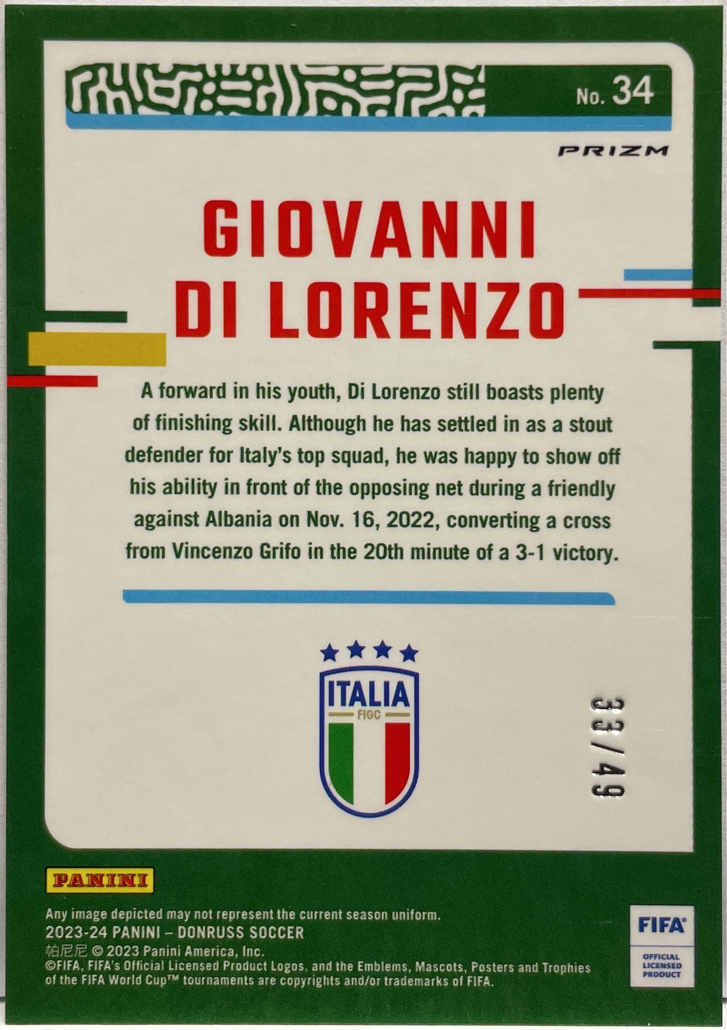 Giovanni Di Lorenzo 33/49 Teal Mojo Optic Donruss Fifa 2023/24
