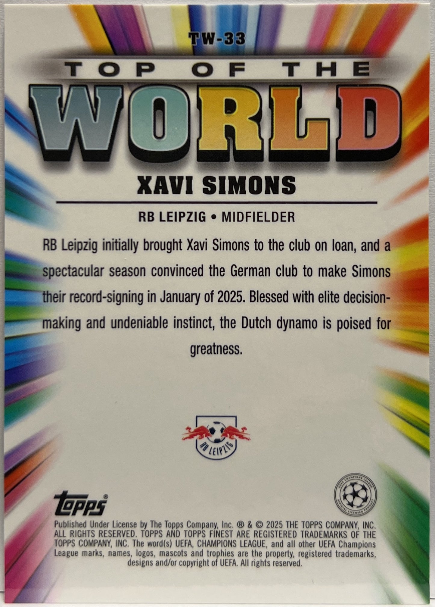 Xavi Simons 23/150 Top of The World Blue Topps Finest UCC 2024/25