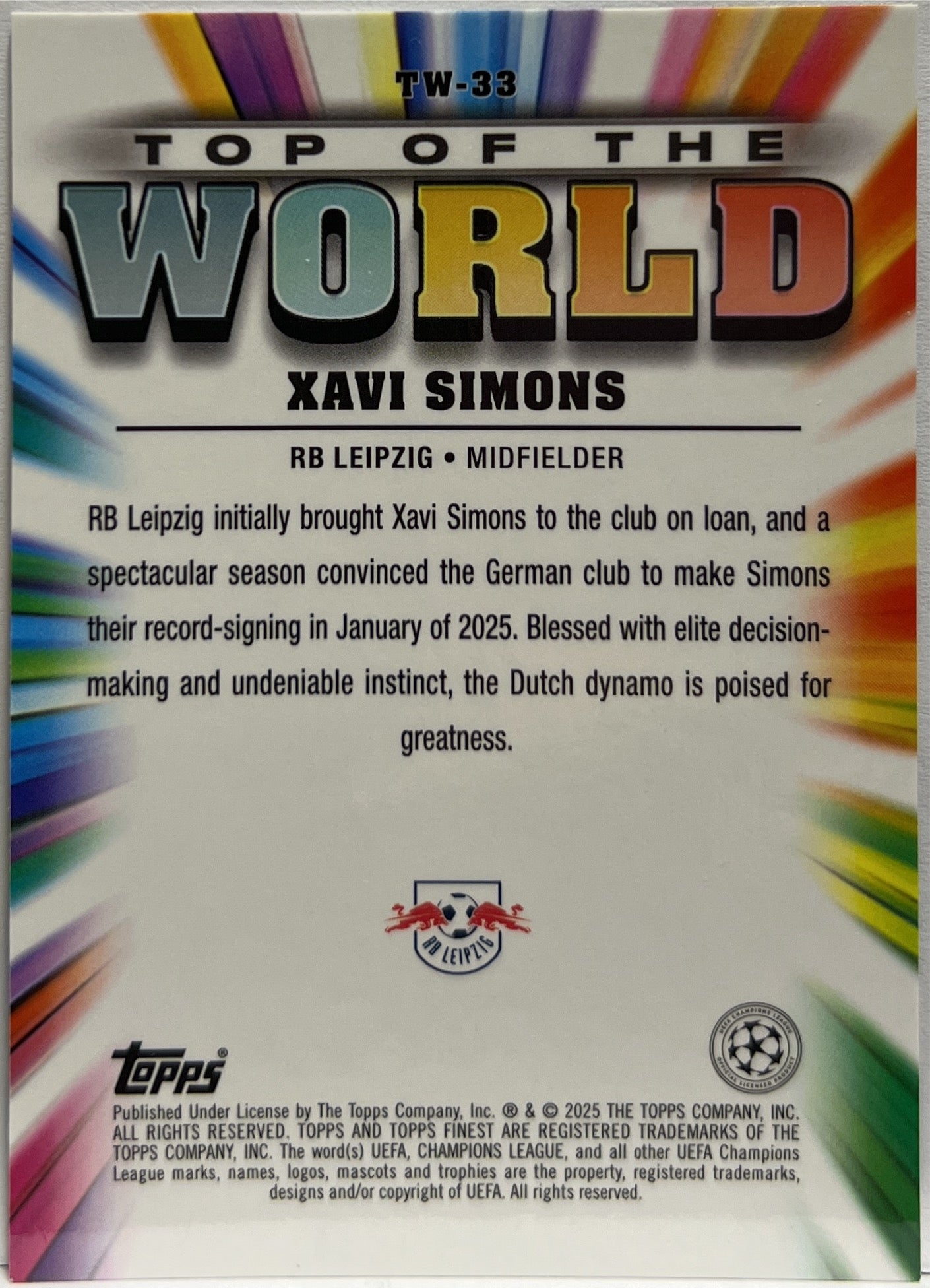 Xavi Simons 55/150 Top of The World Blue Topps Finest UCC 2024/25