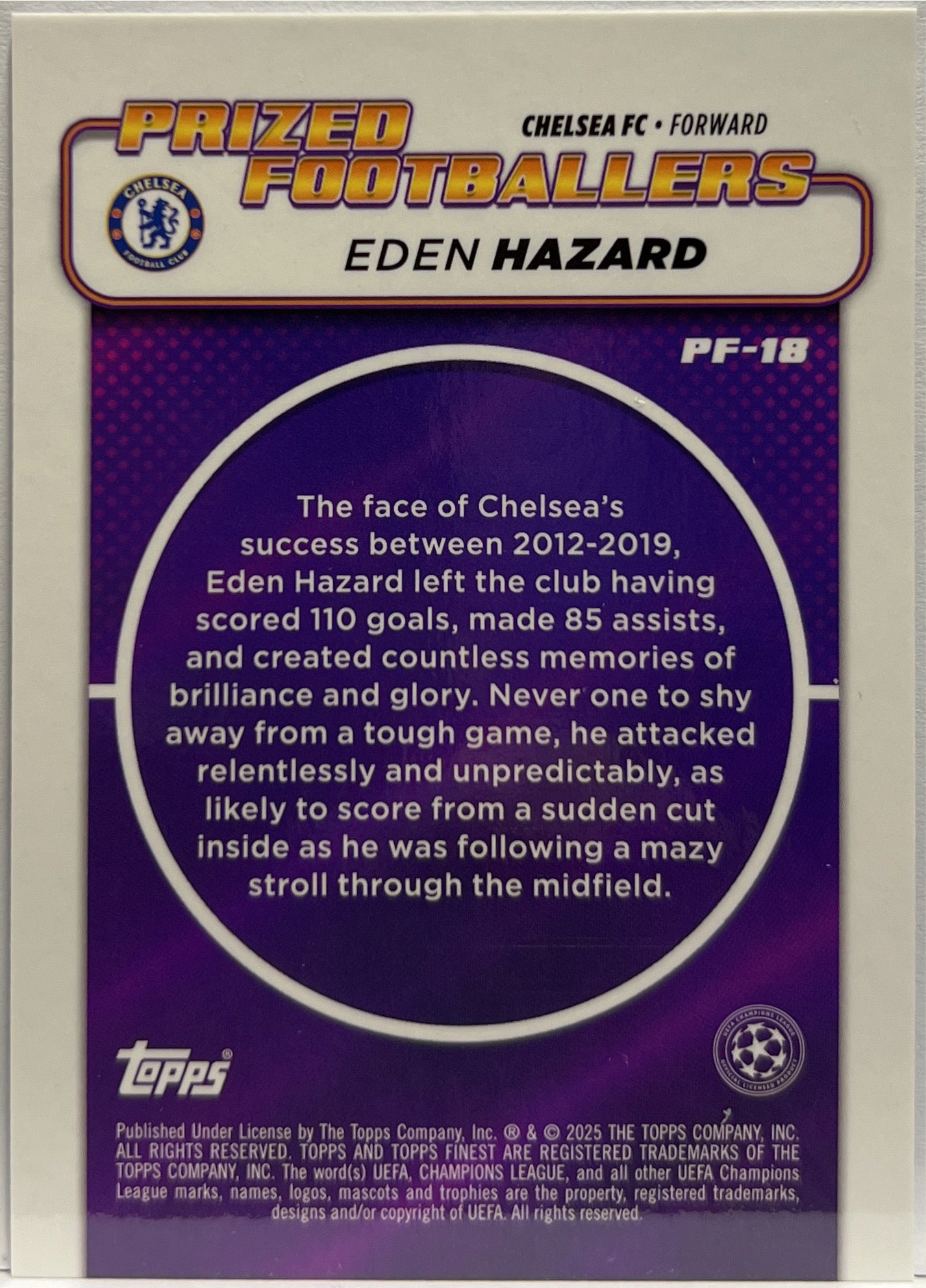 Eden Hazard 49/150 Prized Footballers Blue Topps Finest UCC 2024/25