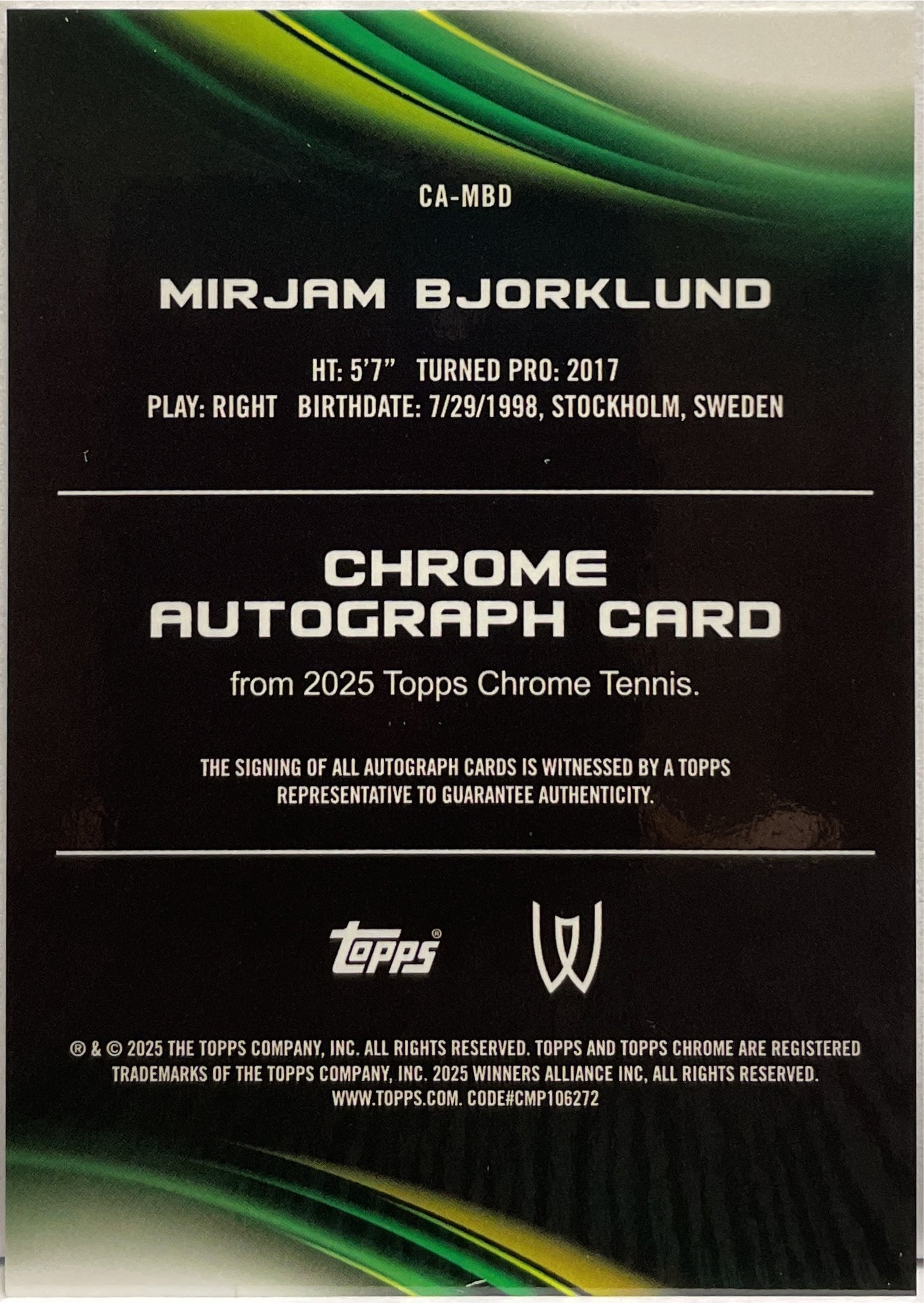 Mirjam Bjorklund Autograph Topps Chrome Tennis 2025