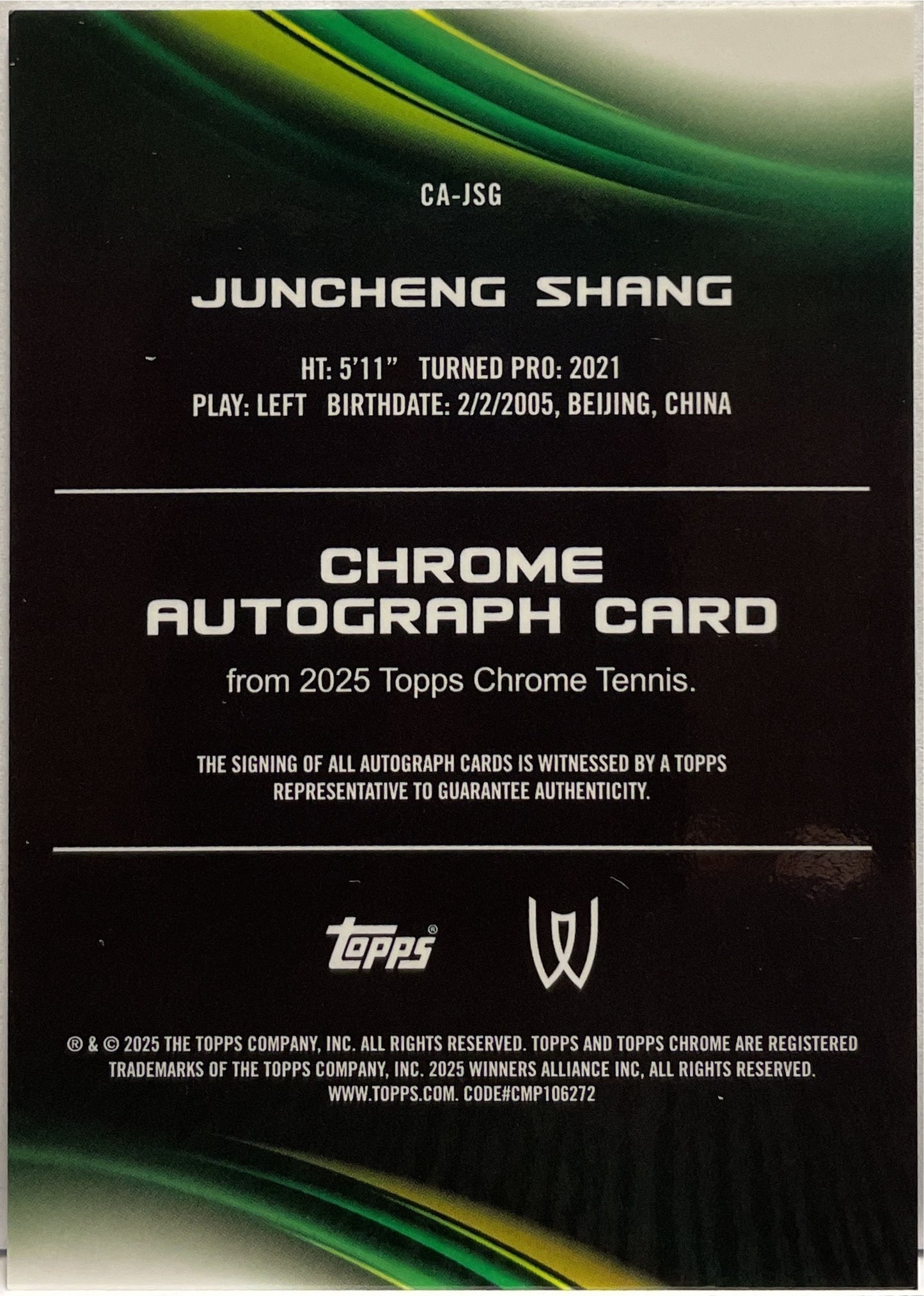 Juncheng Shang Autograph Topps Chrome Tennis 2025