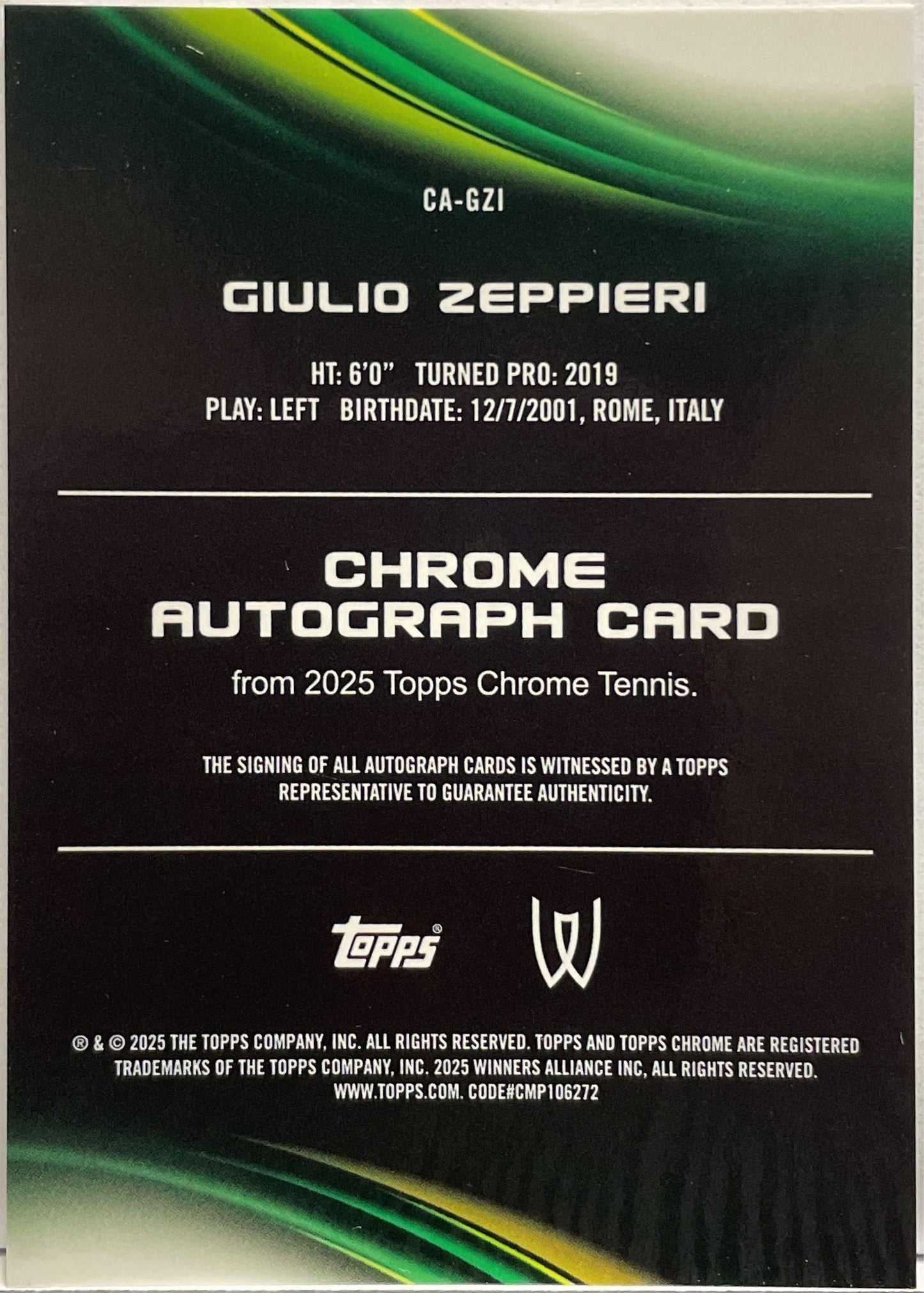 Giulio Zeppieri Autograph Topps Chrome Tennis 2025
