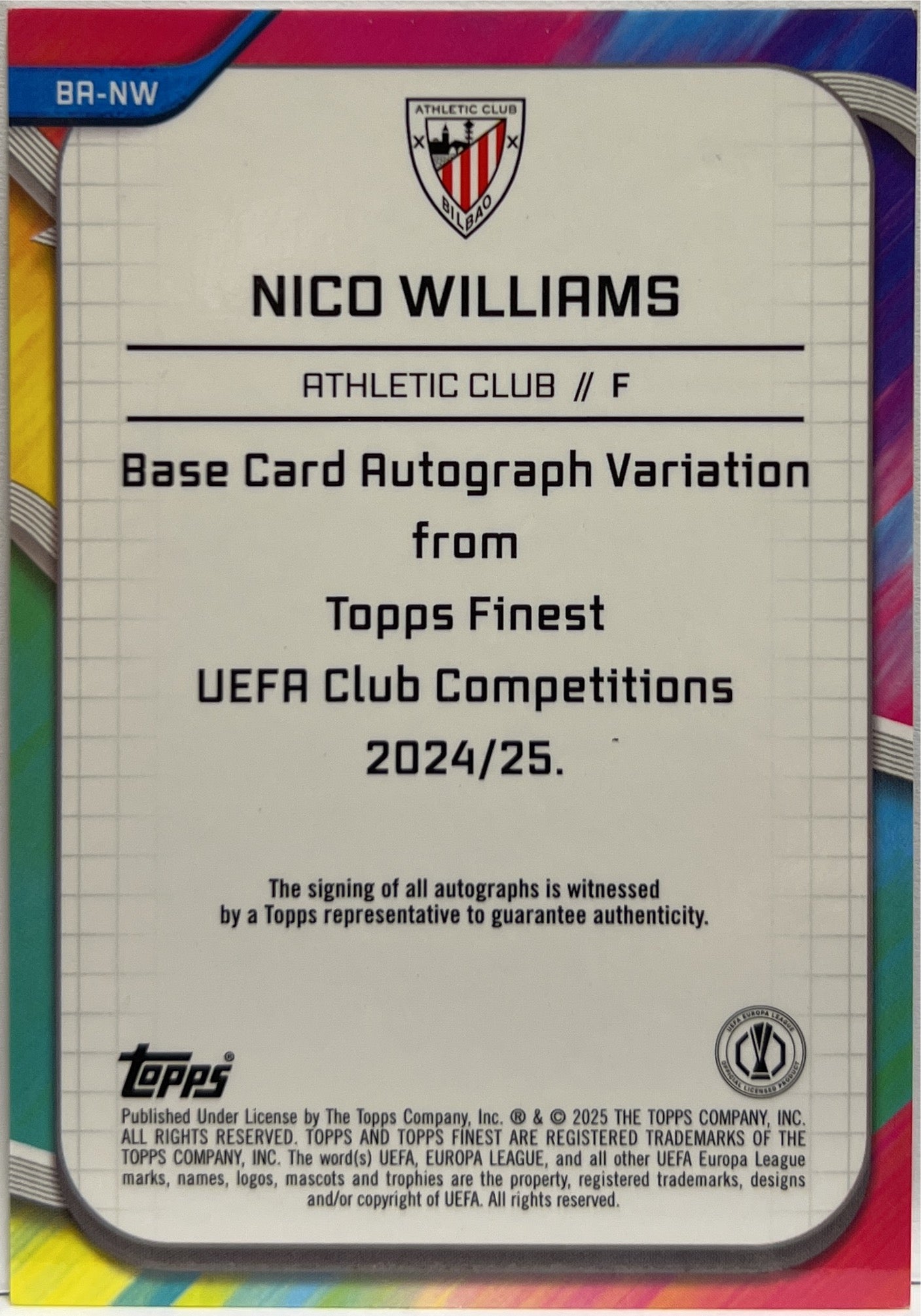 Nico Williams 252/299 Autograph Purple Topps Finest UCC 2024/25