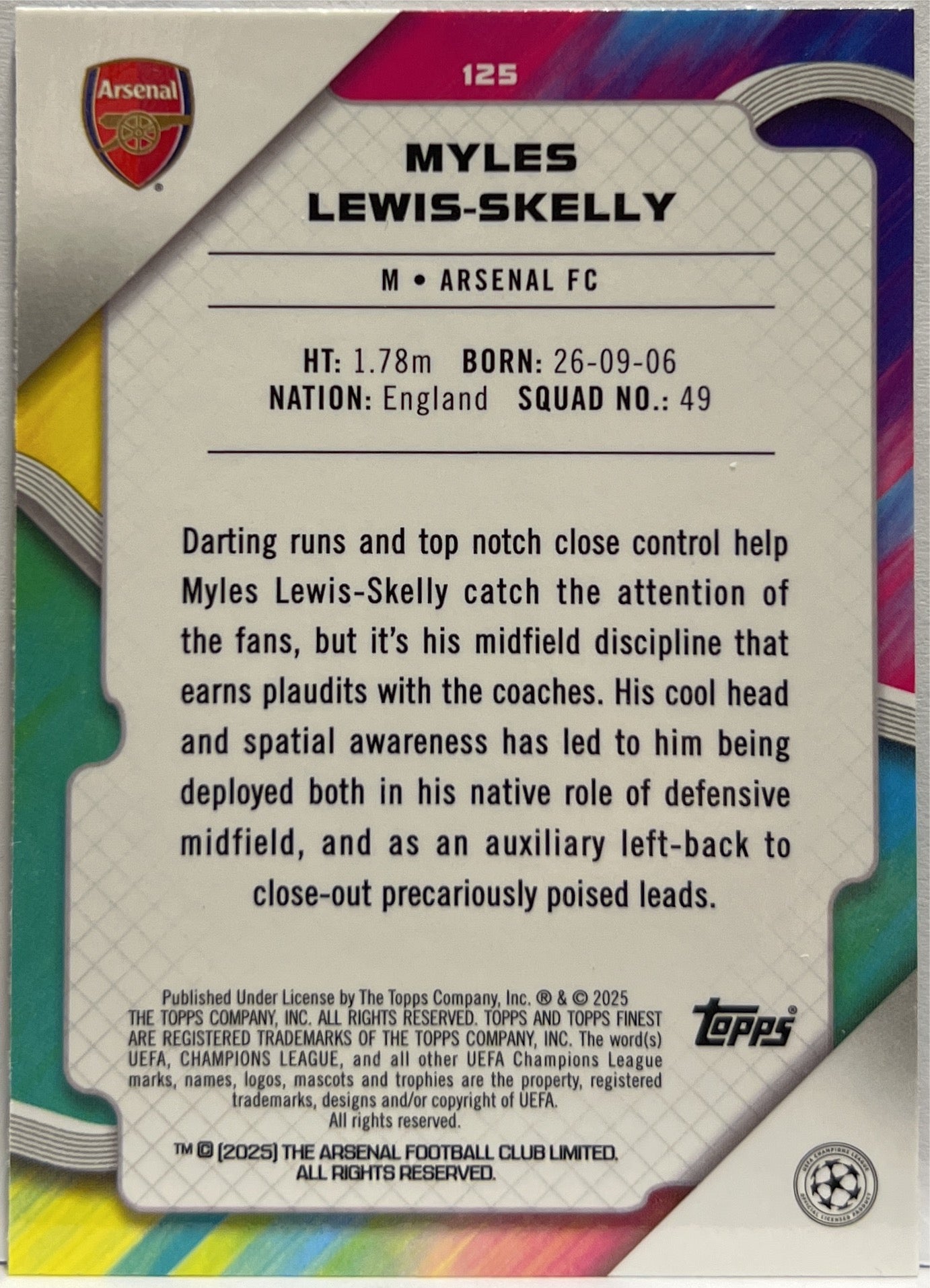 Myles Lewis Skelly 26/99 Rookie Green Topps Finest UCC 2024/25