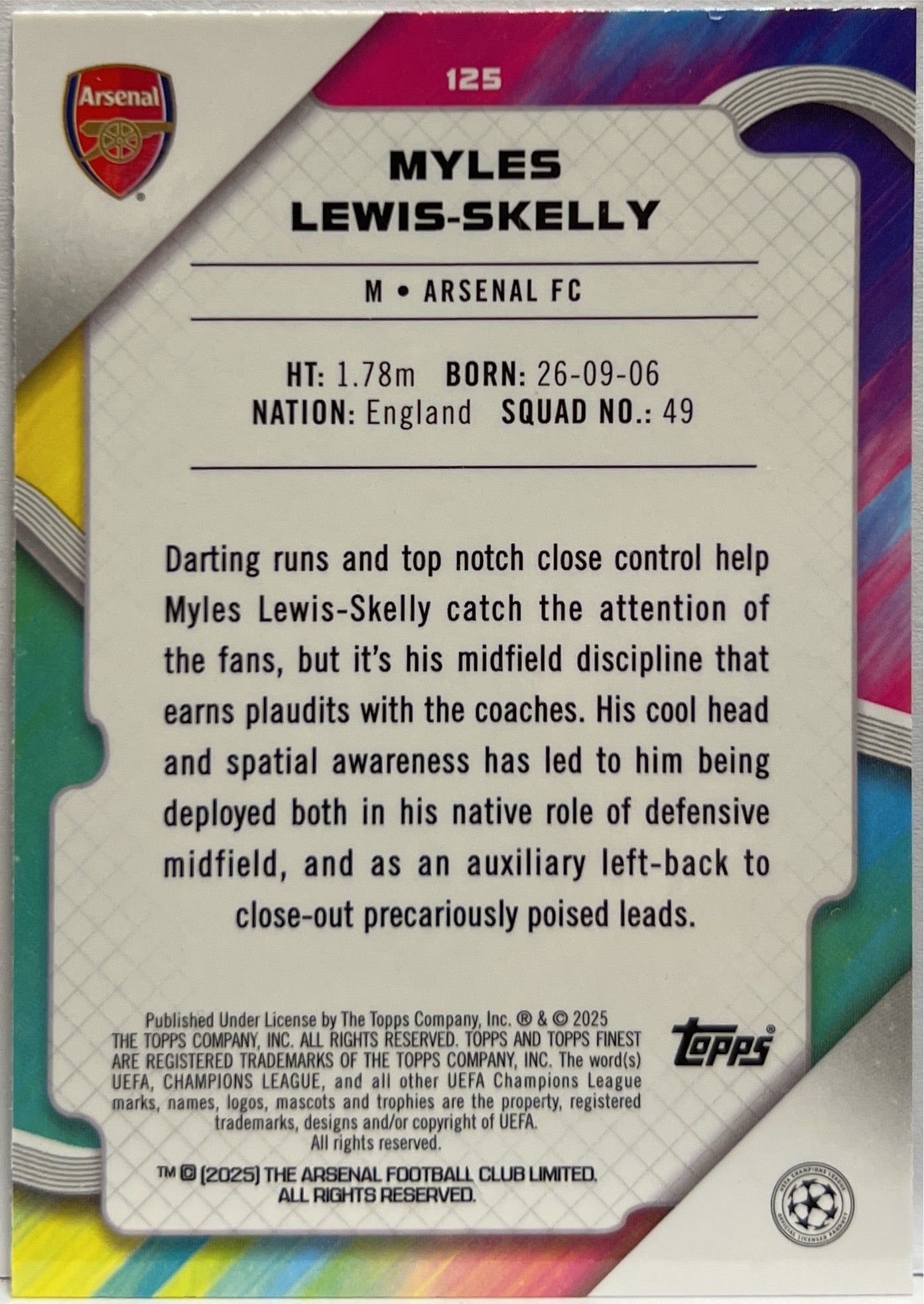 Myles Lewis Skelly 137/275 Rookie Sky Blue Topps Finest UCC 2024/25