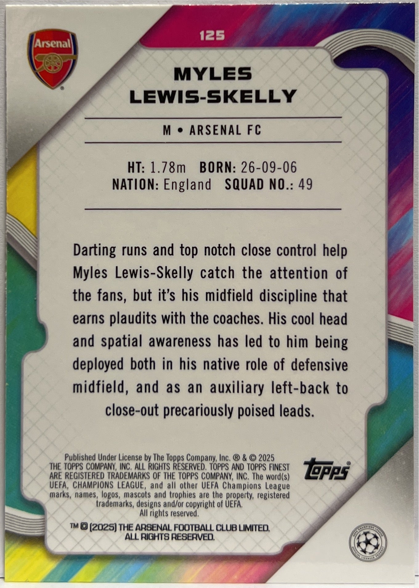 Myles Lewis Skelly 95/275 Rookie Sky Blue Topps Finest UCC 2024/25