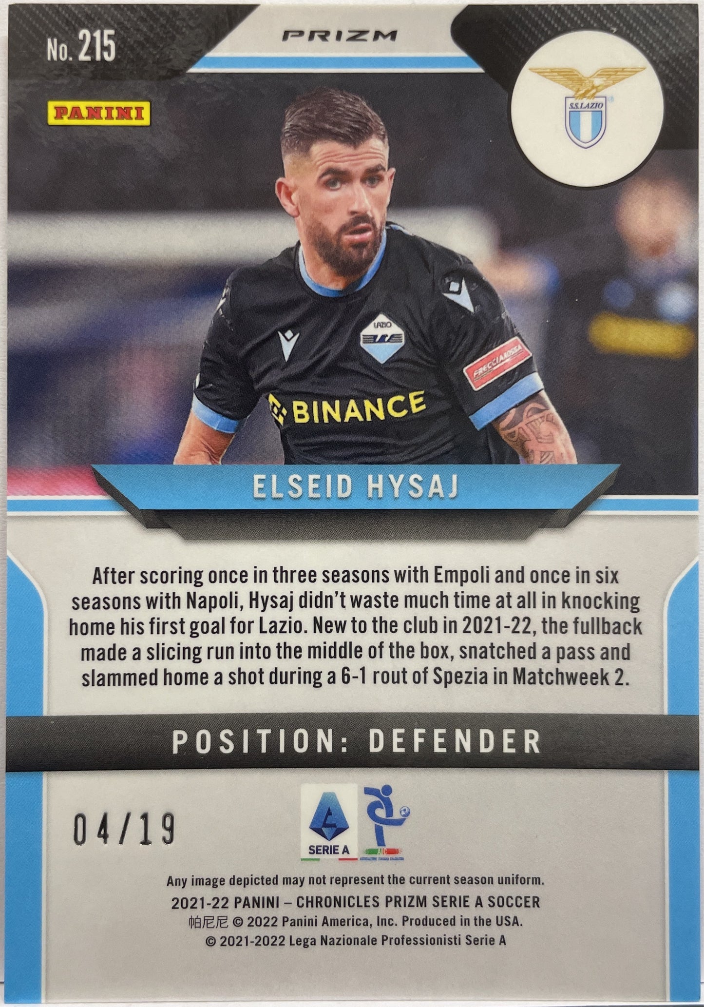 Elseid Hysaj 4/19 Pink Prizm Chronicles Serie A 2021/22