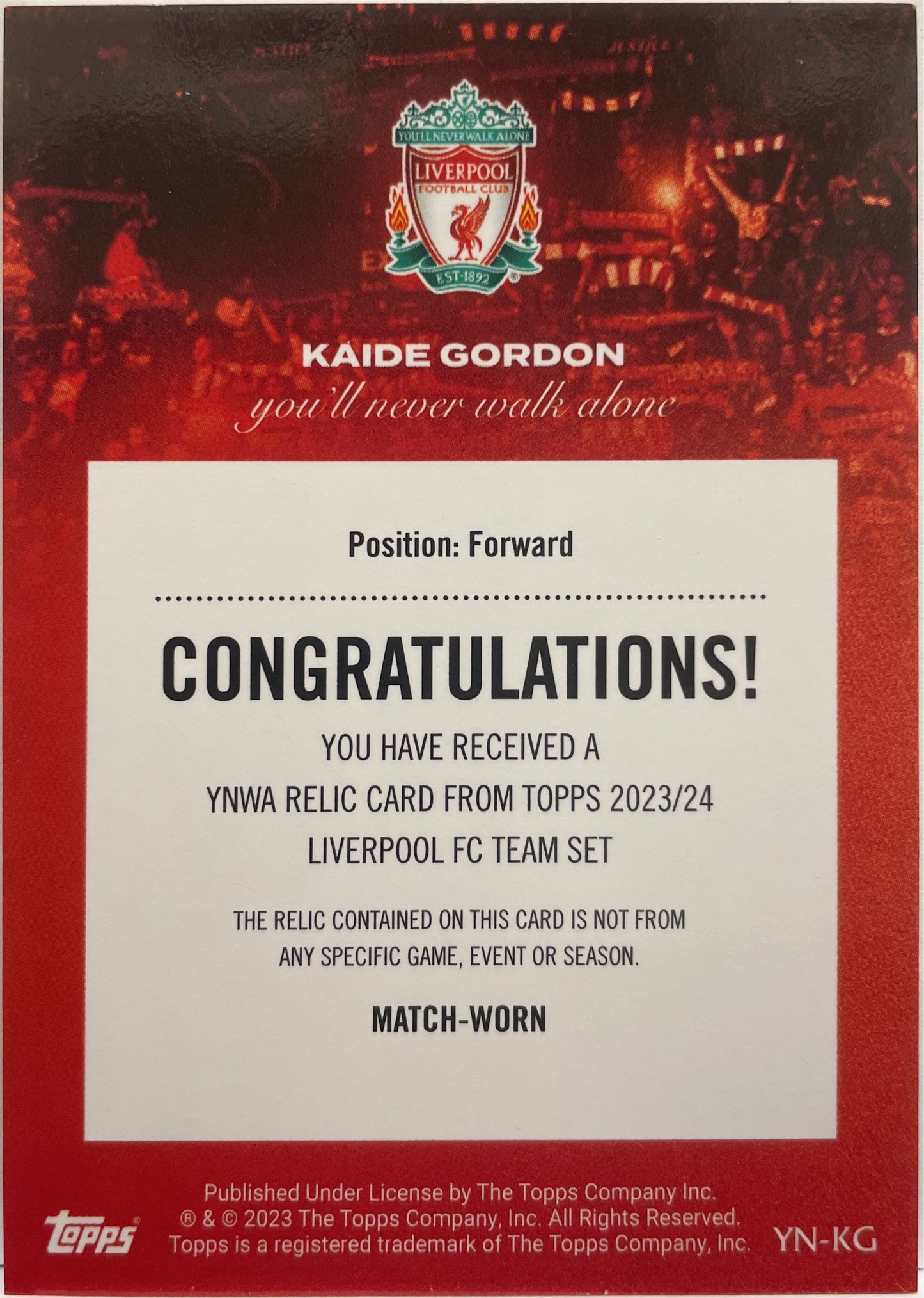 Kaide Gordon 228/250 You'll Never Walk Alone Patch Topps Liverpool Team Set 2022/23