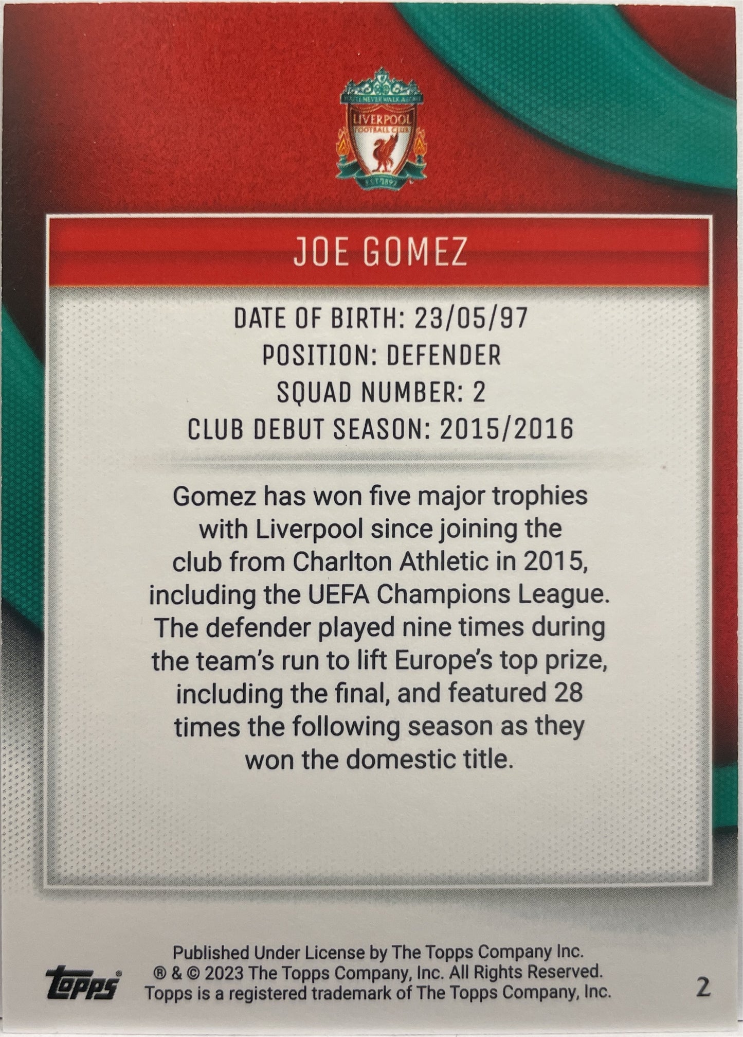 Joe Gomez 102/250 Topps Liverpool Team Set 2022/23