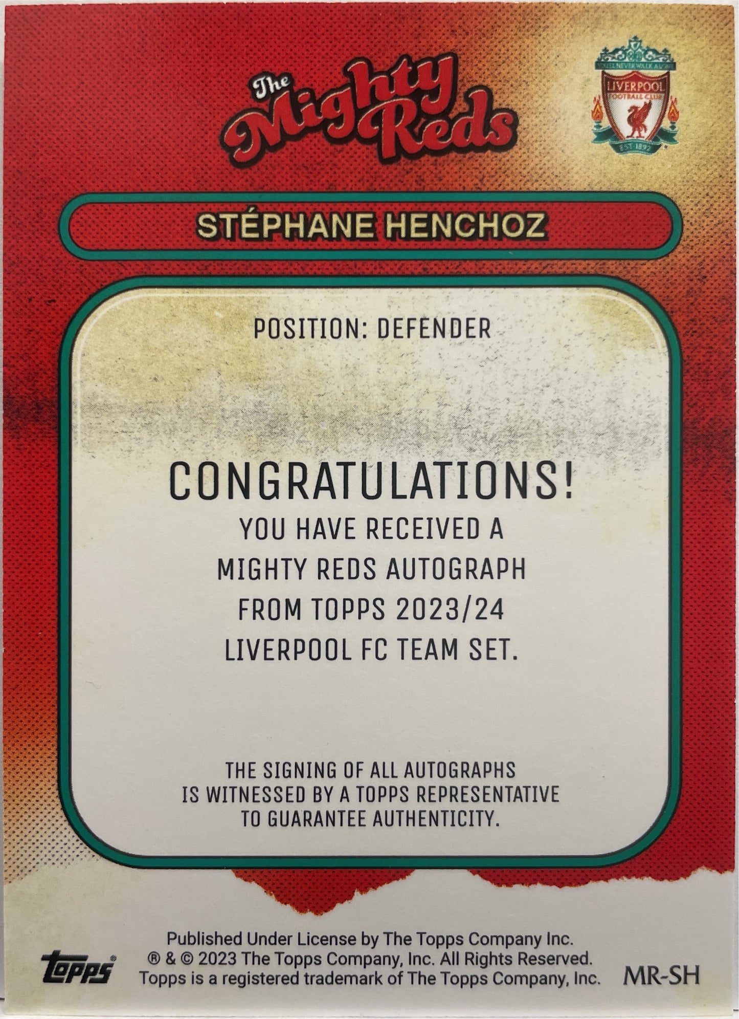 Stephane Henchoz 44/50 Autograph Gold Topps Liverpool Team Set 2022/23