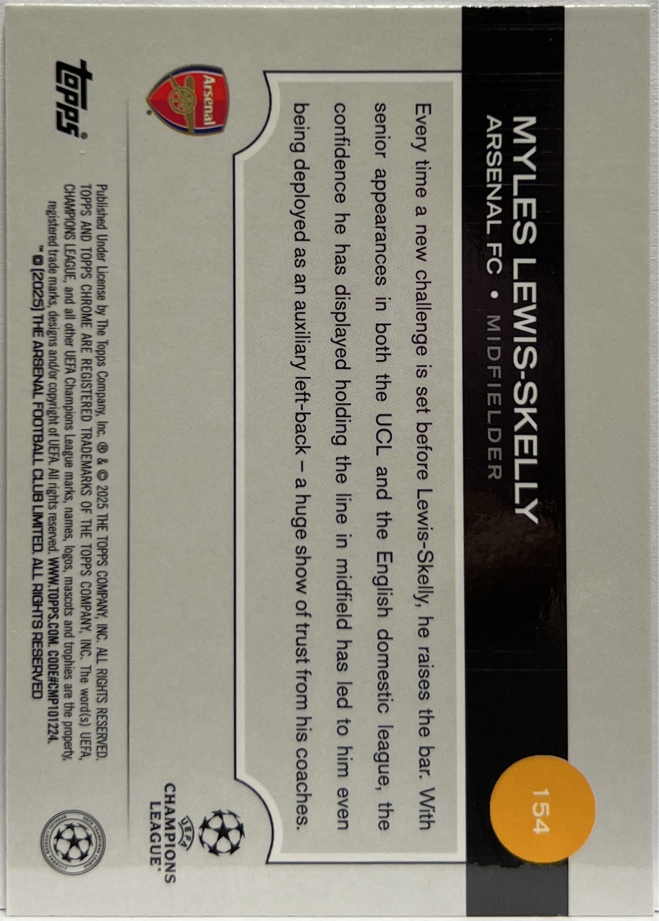 Myles Lewis Skelly 63/225 Rookie Night Vision RayWave Topps Chrome UCC 2024/25