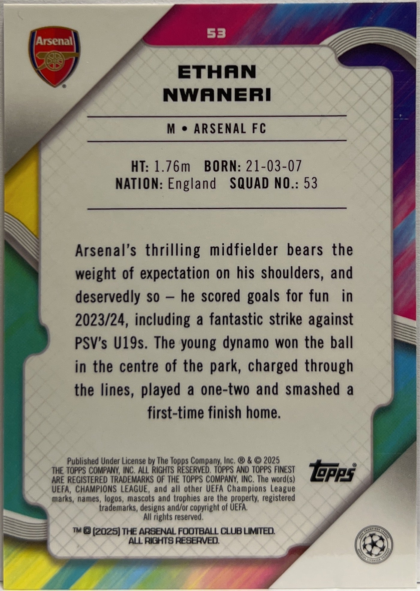 Ethan Nwaneri 83/299 Rookie Purple Topps Finest UCC 2024/25