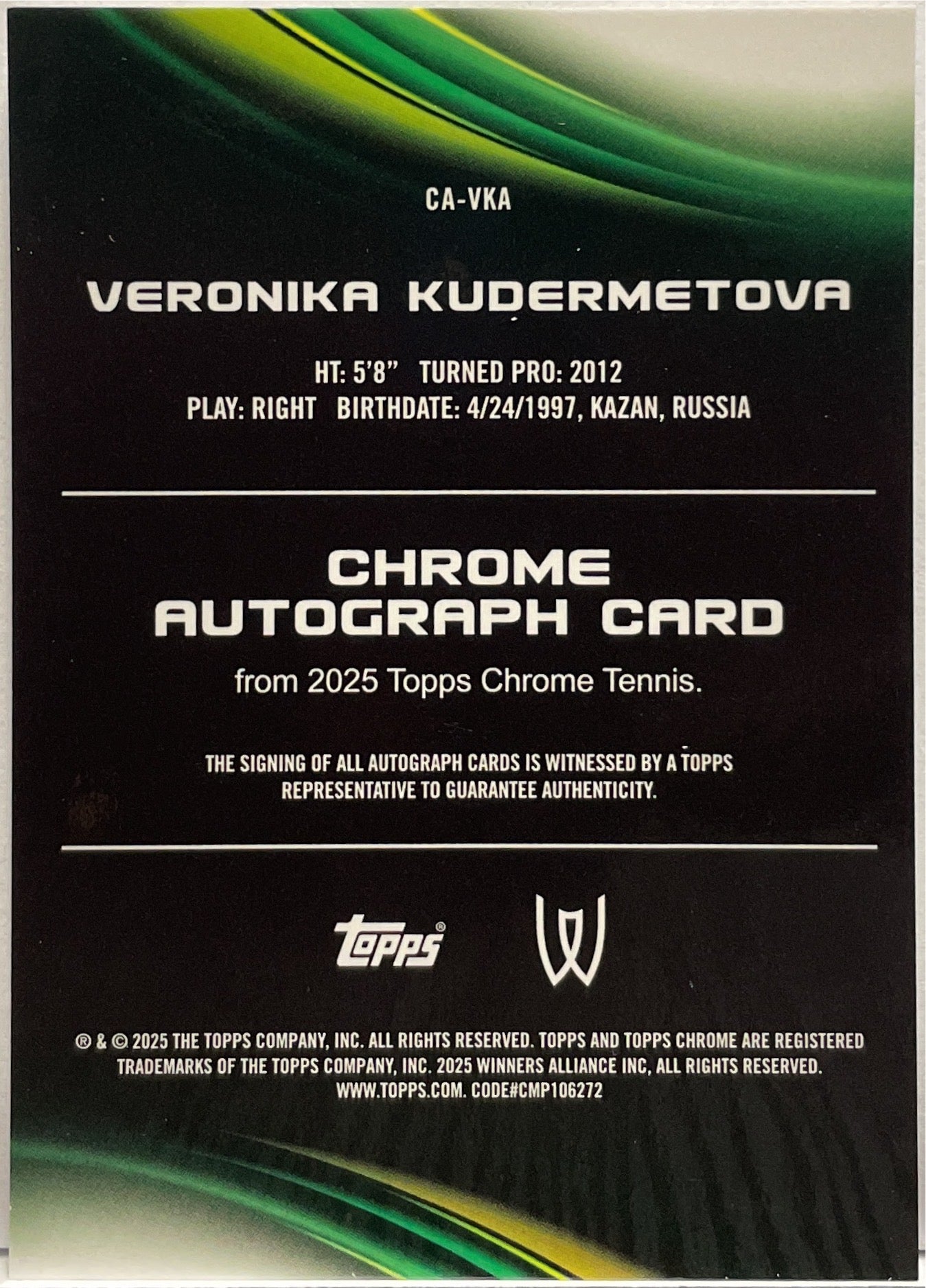 Veronika Kudermetova Autograph Topps Chrome Tennis 2025
