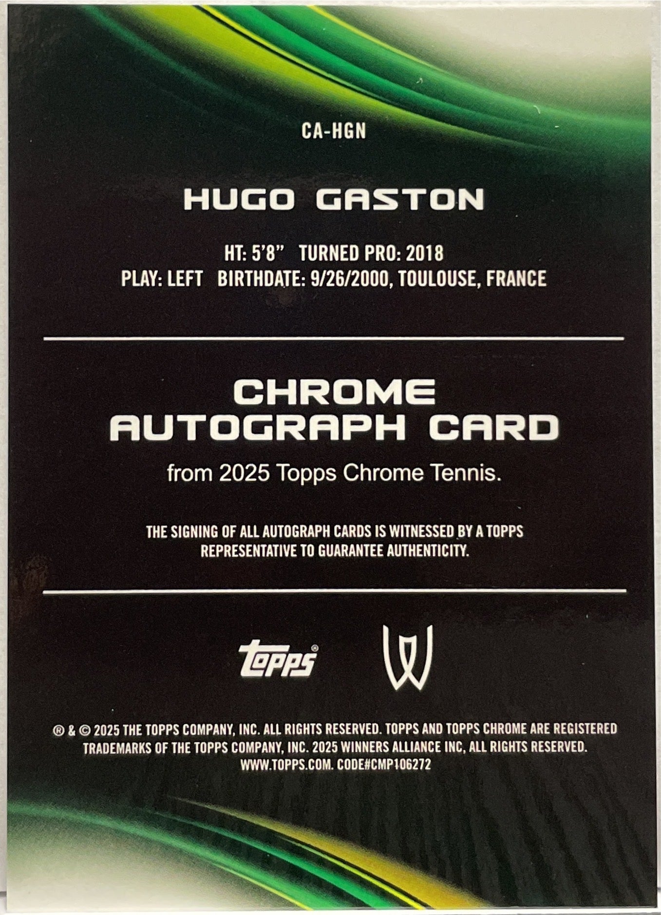 Hugo Gaston Autograph Topps Chrome Tennis 2025