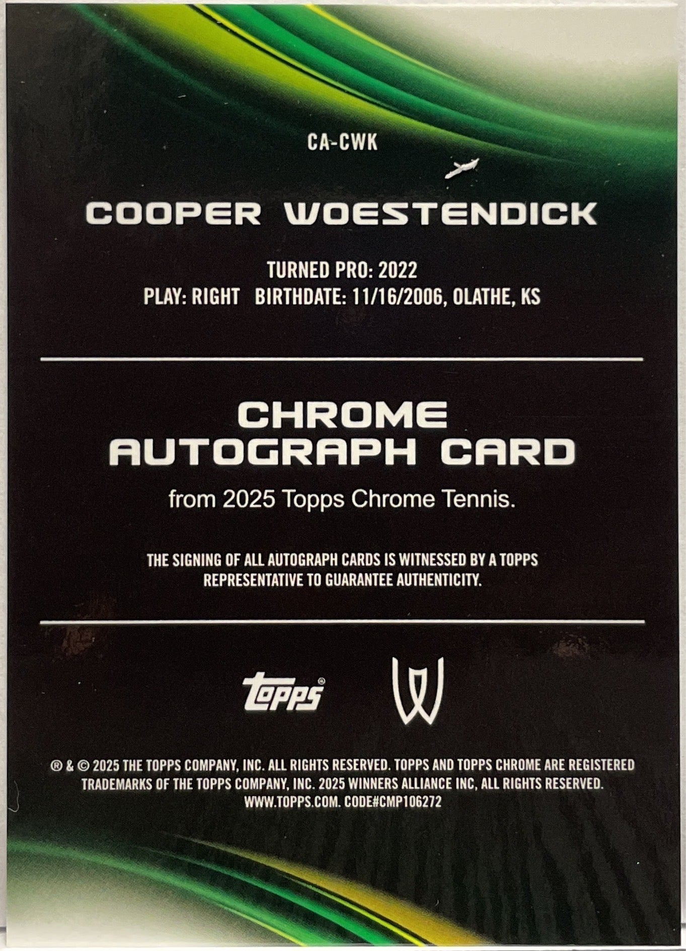 Cooper Woestendick Rookie Autograph Topps Chrome Tennis 2025